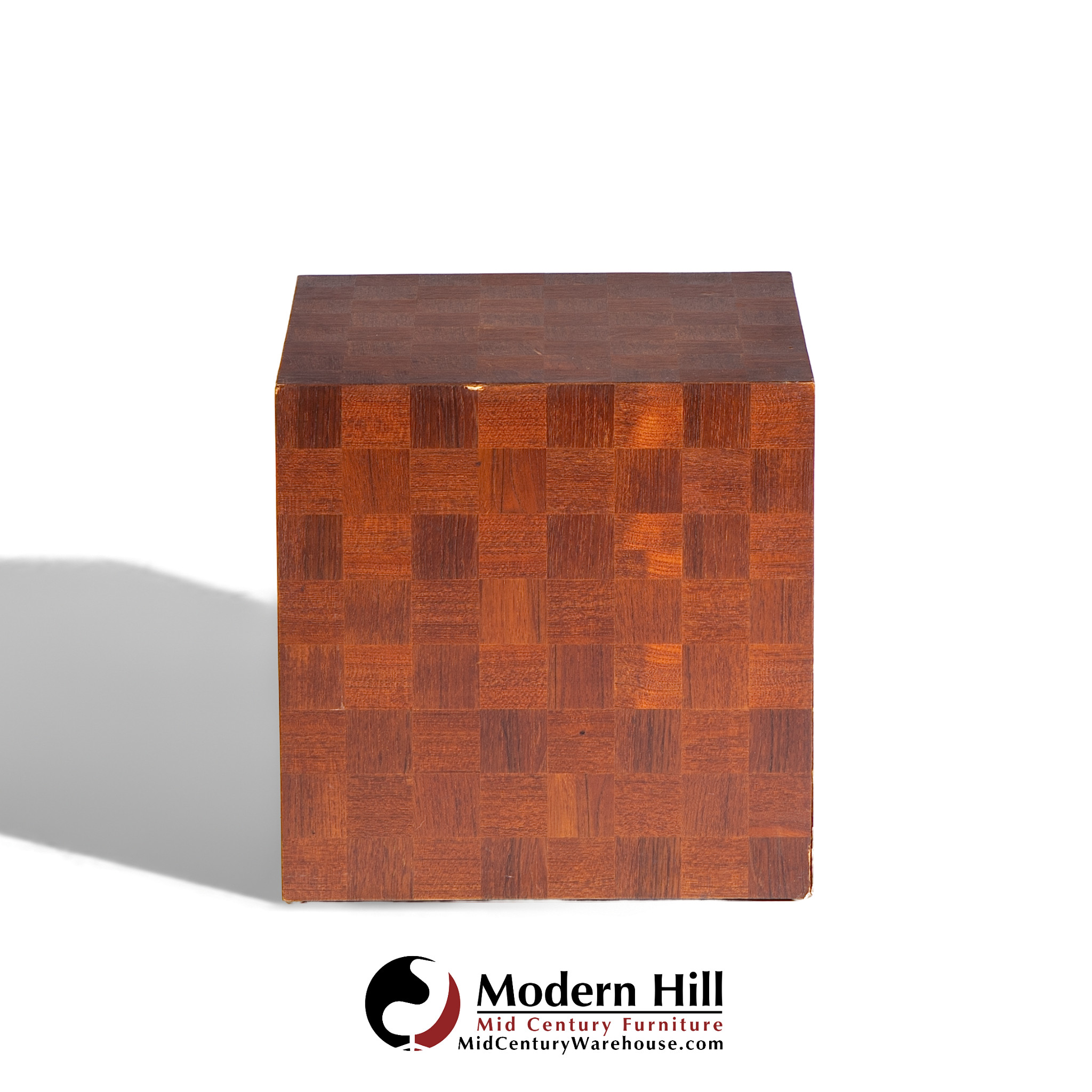 Thayer Coggin Style Mid Century Walnut Parquet Cube End Tables - Pair