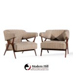 Ward Bennett Mid Century Sculptural Walnut Lounge Chairs - Pair