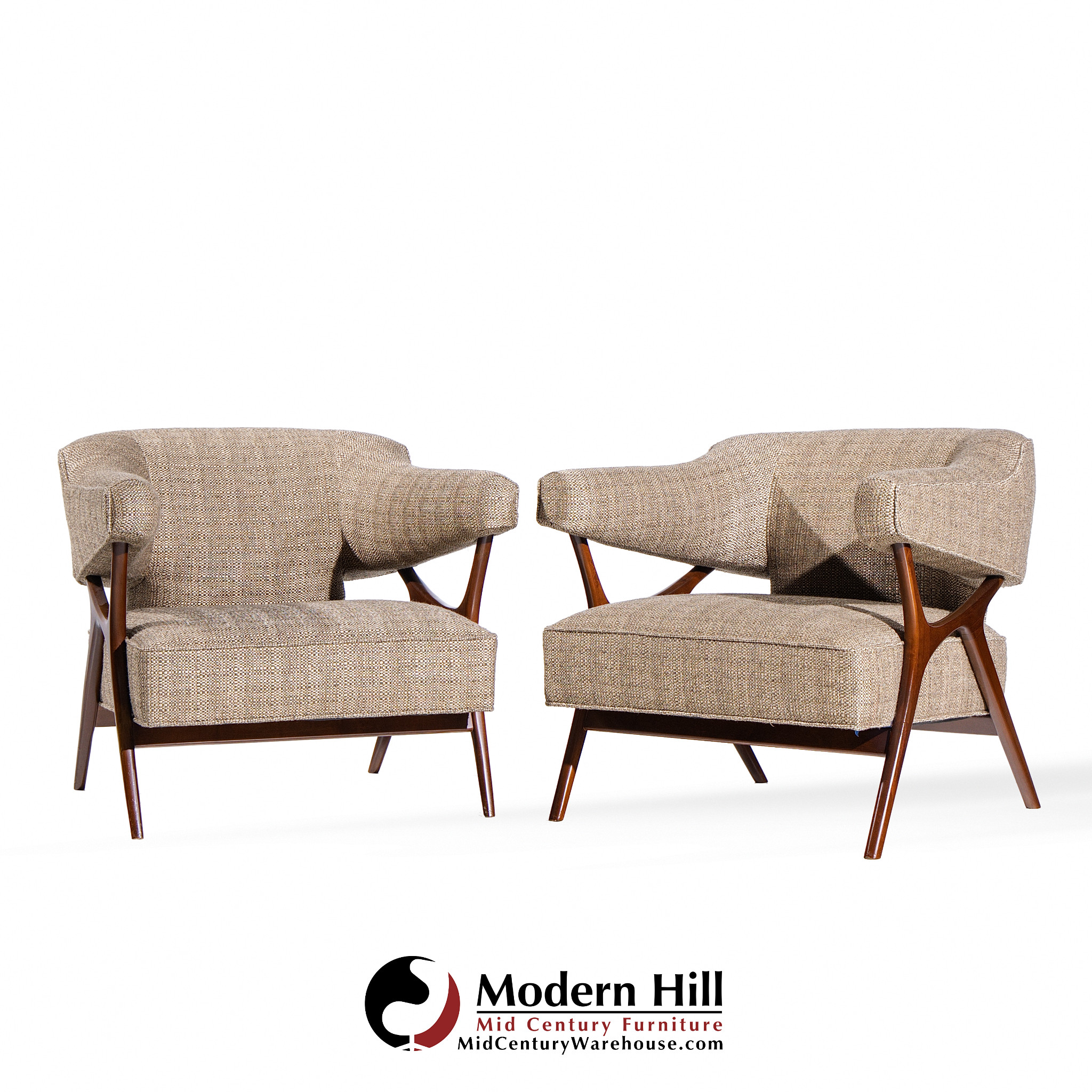 Ward Bennett Mid Century Sculptural Walnut Lounge Chairs - Pair