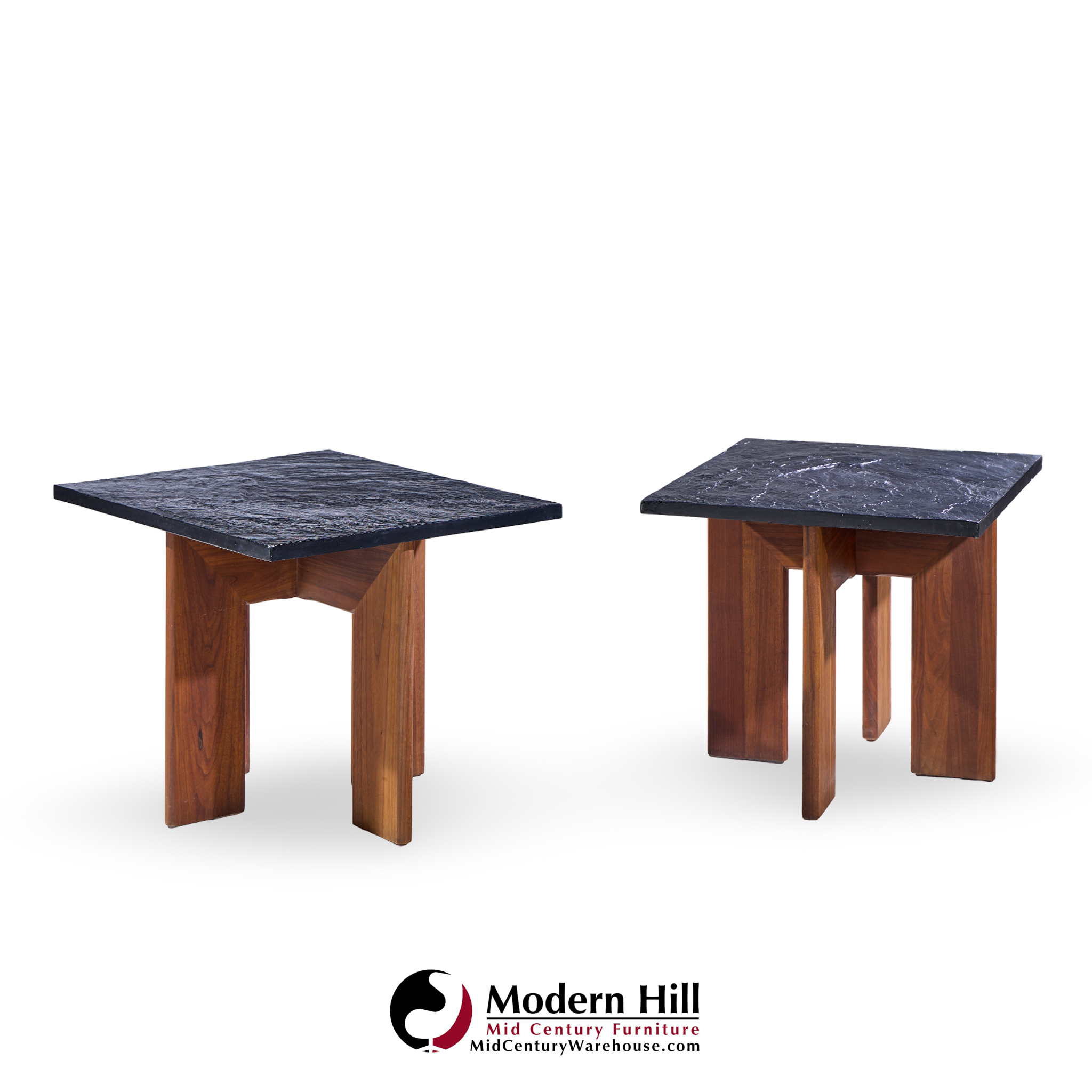 Adrian Pearsall for Craft Associates Mid Century Walnut and Slate Top Side Tables - Pair