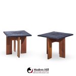 Adrian Pearsall for Craft Associates Mid Century Walnut and Slate Top Side Tables - Pair