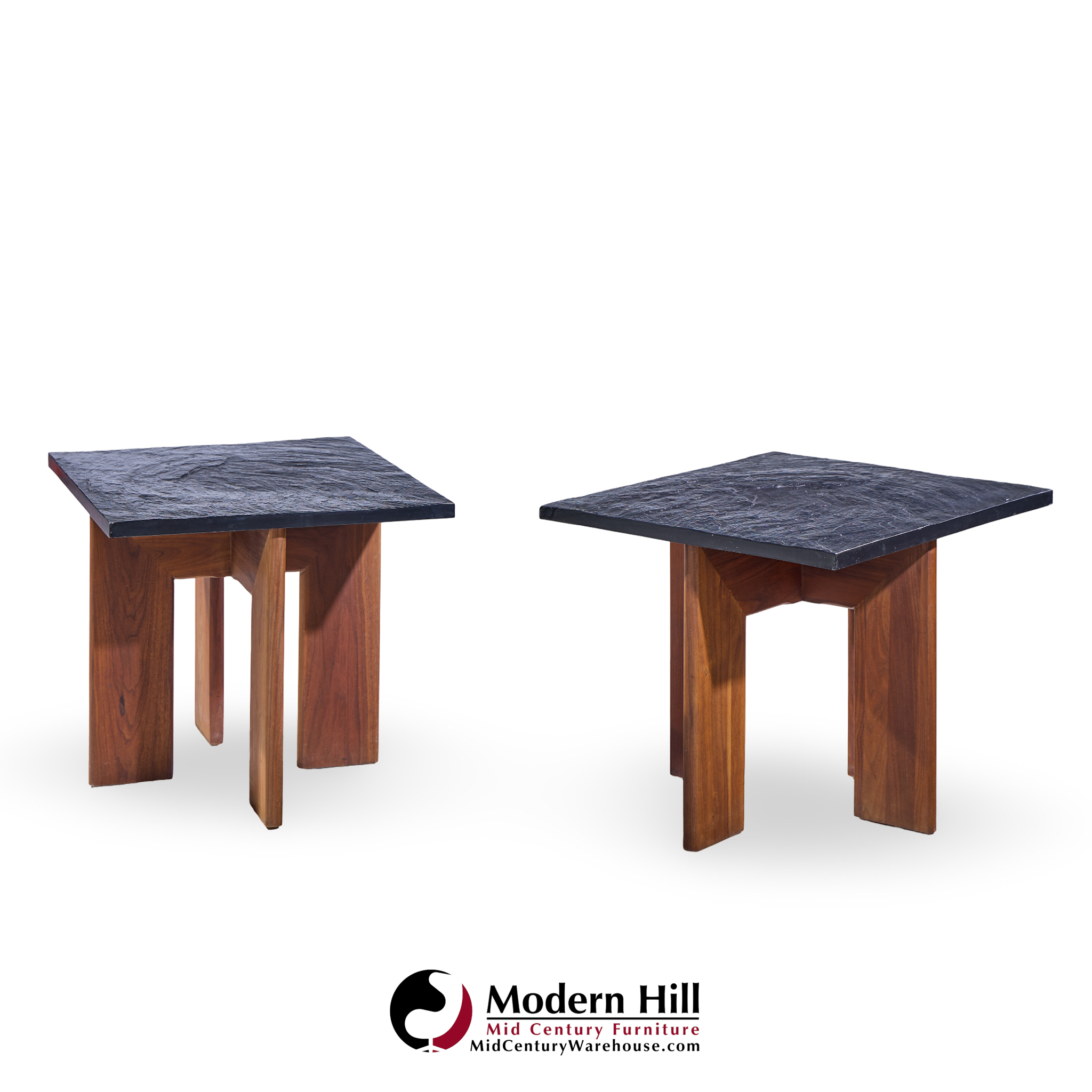Adrian Pearsall for Craft Associates Mid Century Walnut and Slate Top Side Tables - Pair