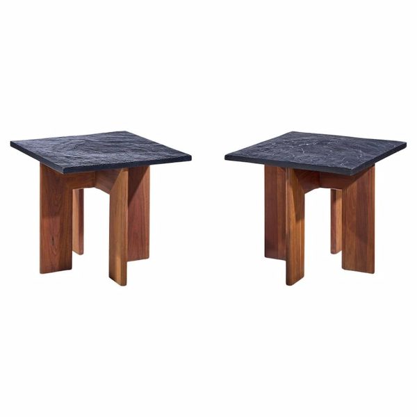 Adrian Pearsall for Craft Associates Mid Century Walnut and Slate Top Side Tables - Pair