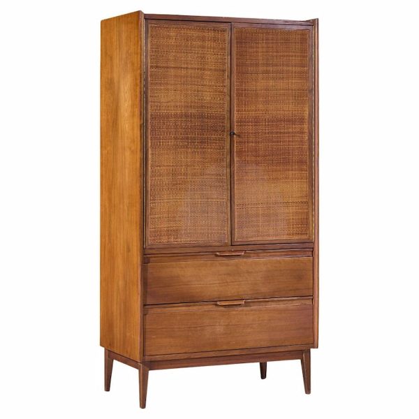 American of Martinsville Mid Century Walnut and Cane Armoire Dresser