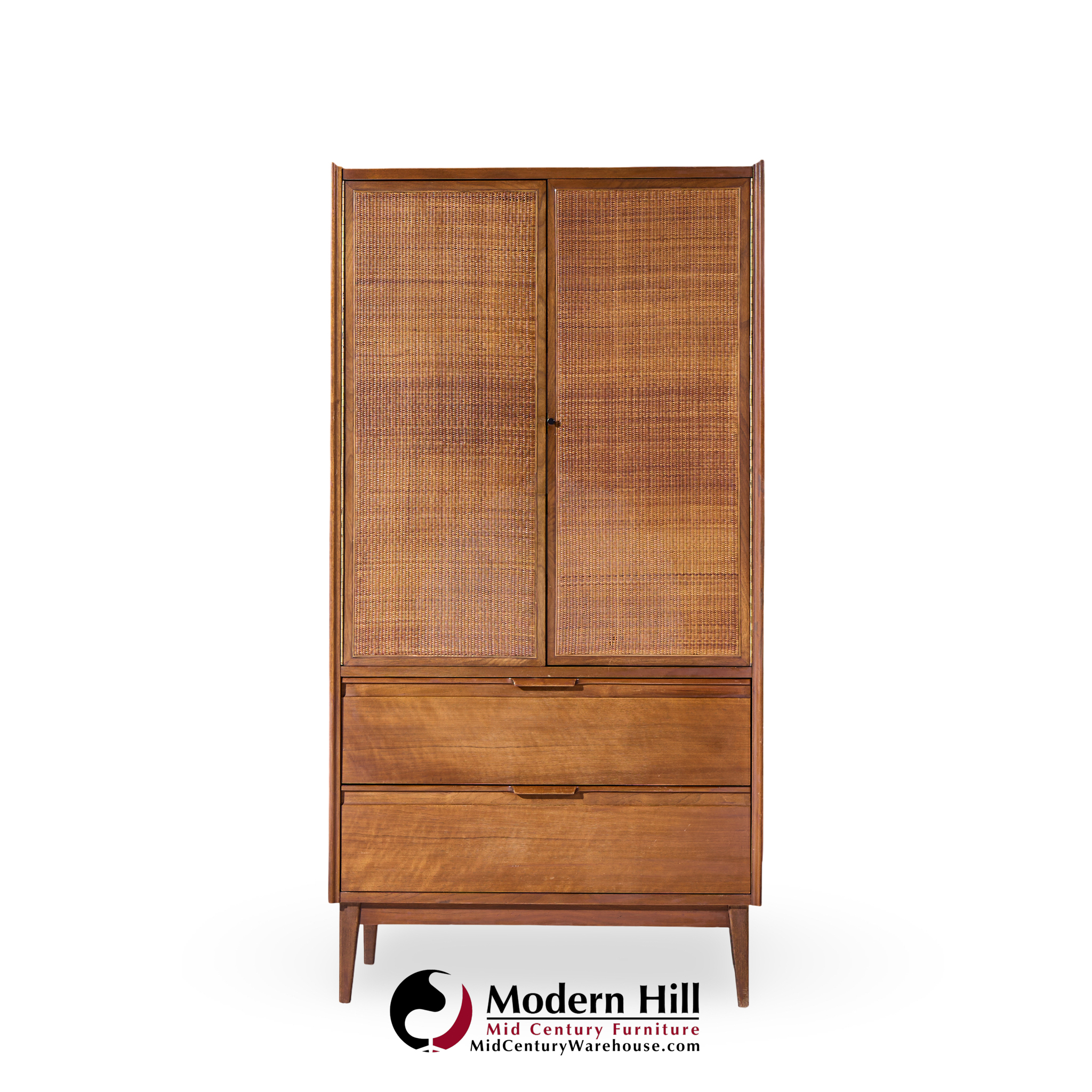 American of Martinsville Mid Century Walnut and Cane Armoire Dresser