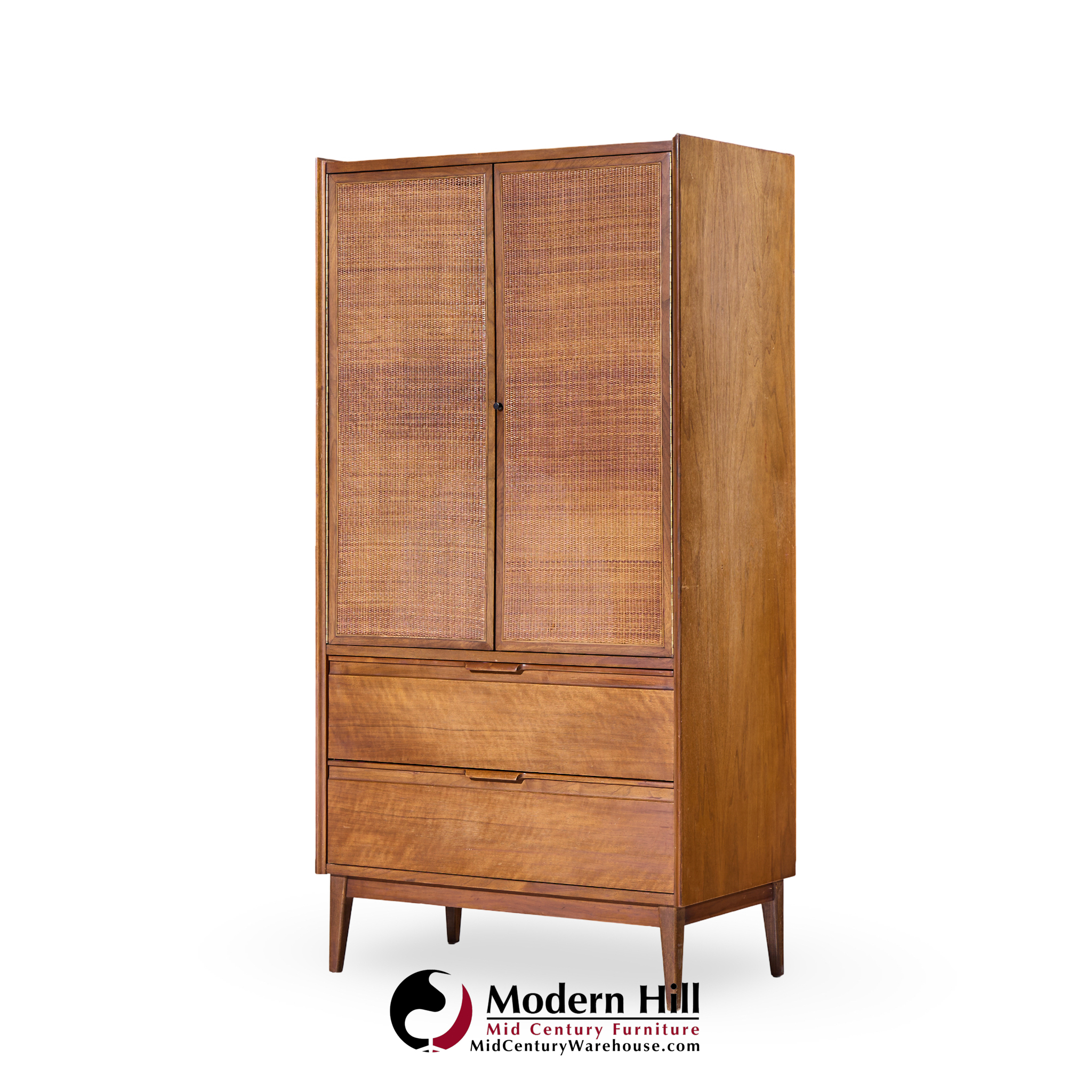 American of Martinsville Mid Century Walnut and Cane Armoire Dresser
