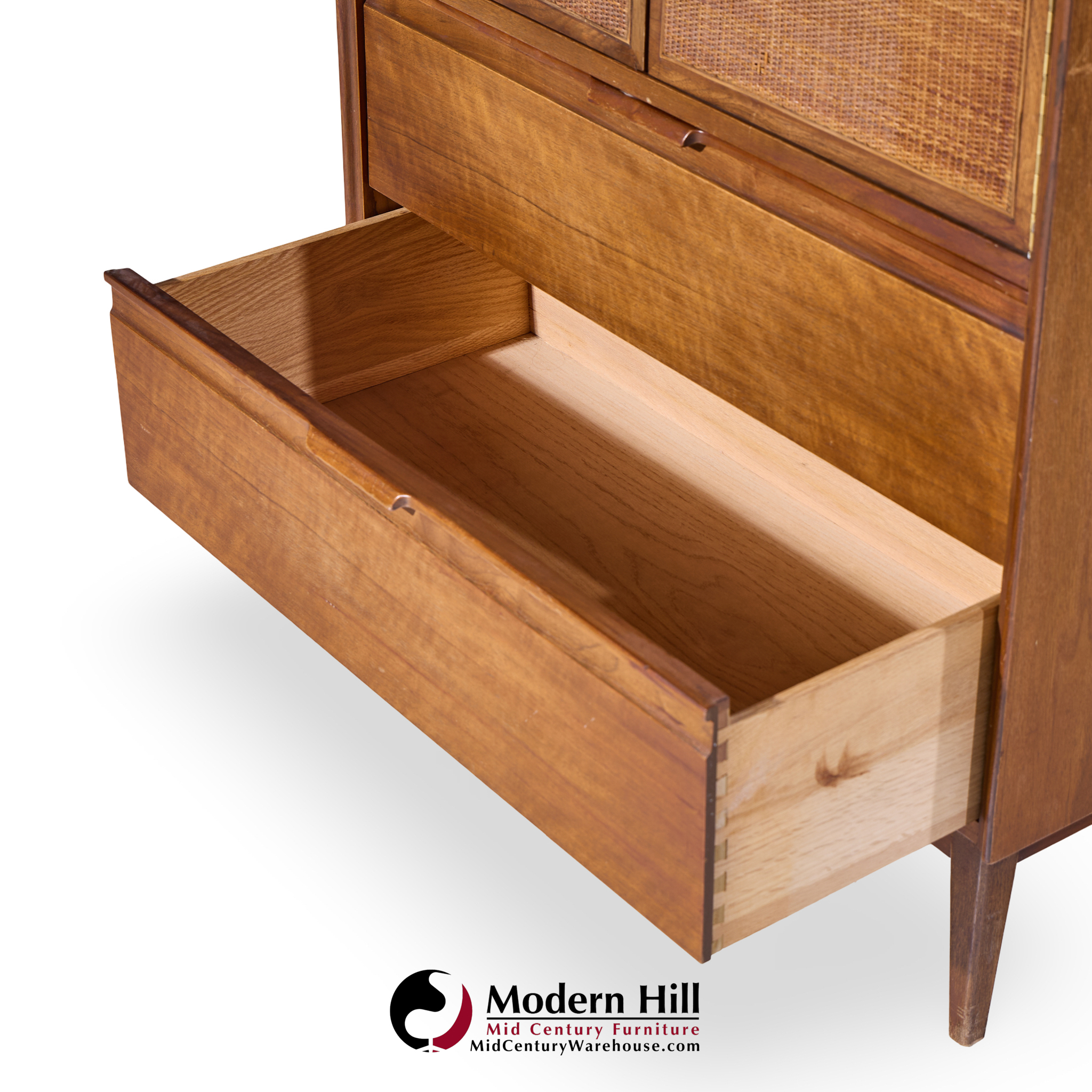 American of Martinsville Mid Century Walnut and Cane Armoire Dresser