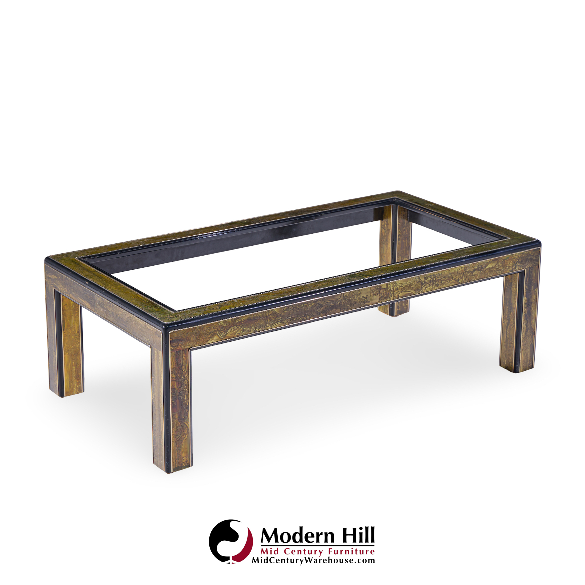 Bernhard Rohne Mid Century Acid Etched Brass and Glass Coffee Table