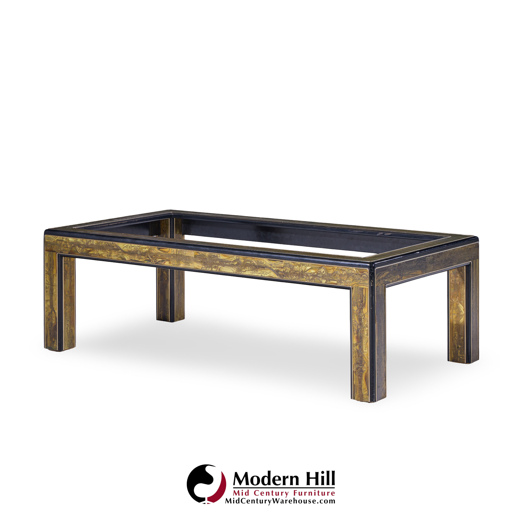 Bernhard Rohne Mid Century Acid Etched Brass and Glass Coffee Table