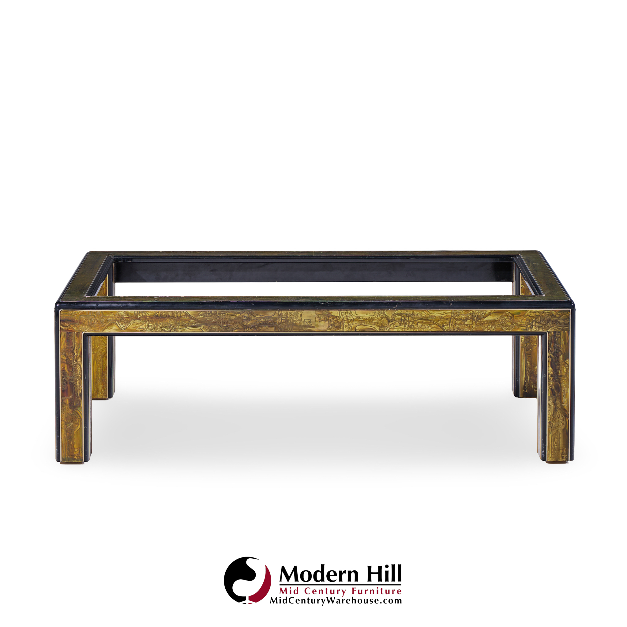 Bernhard Rohne Mid Century Acid Etched Brass and Glass Coffee Table