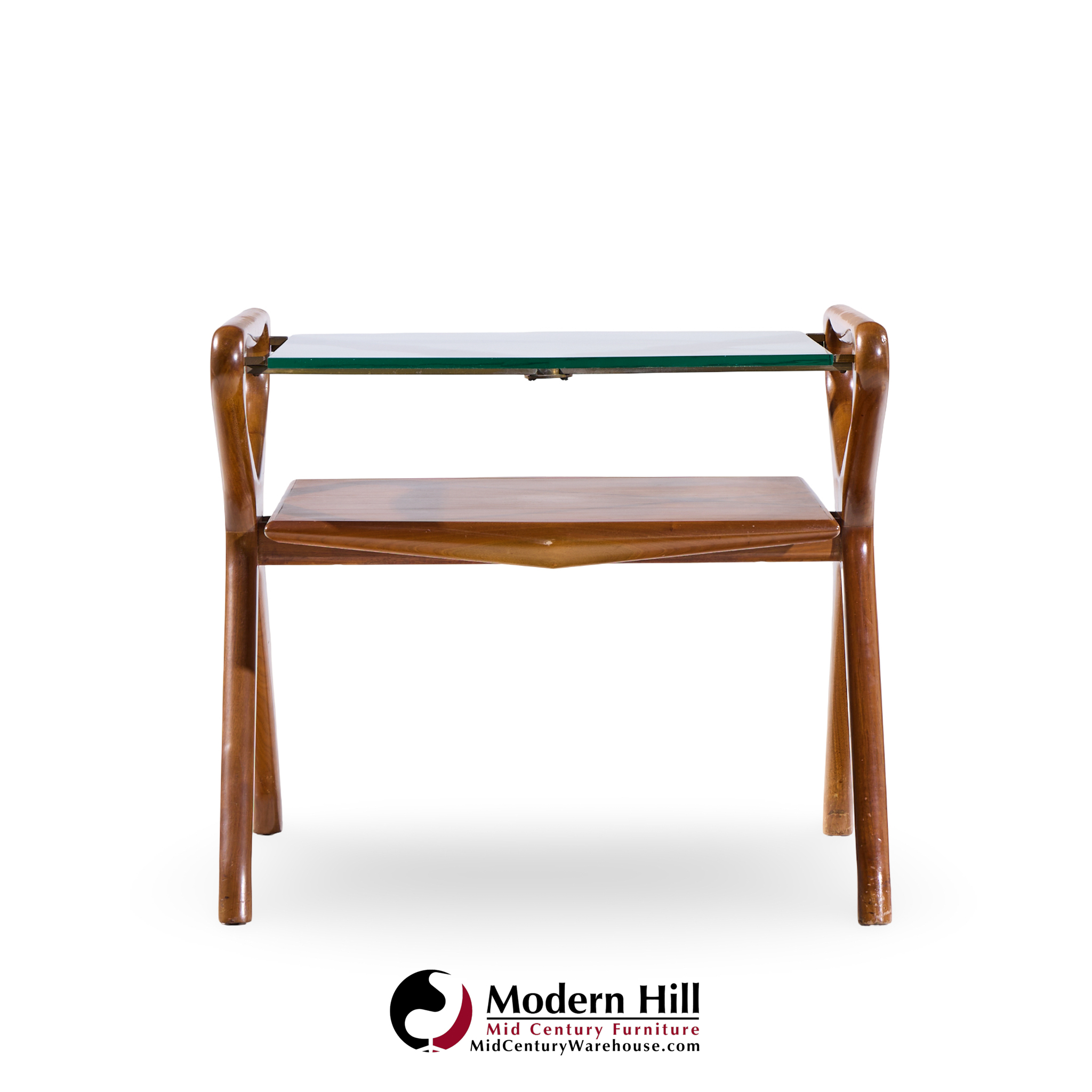 Cesare Lacca Style Mid Century Italian Walnut and Brass Side Tables - Pair