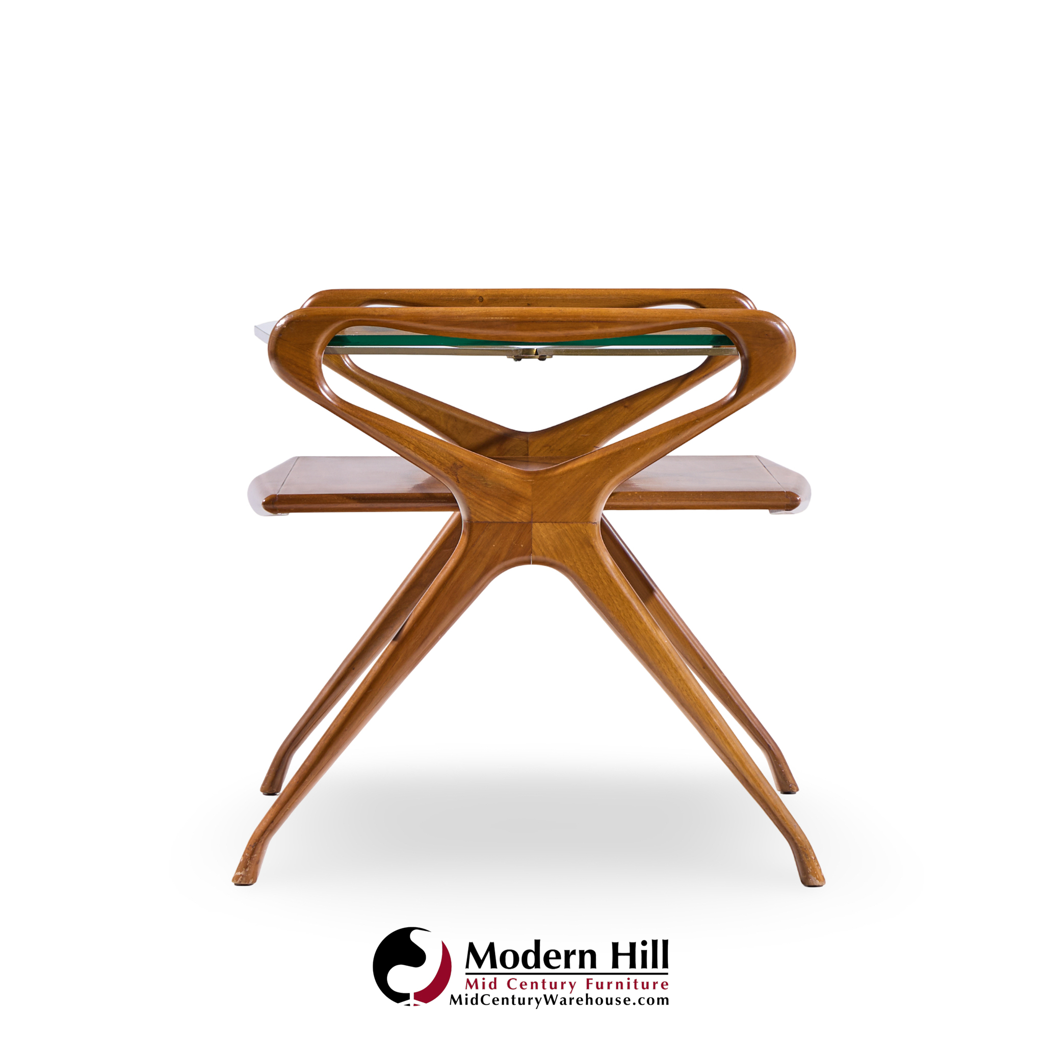 Cesare Lacca Style Mid Century Italian Walnut and Brass Side Tables - Pair