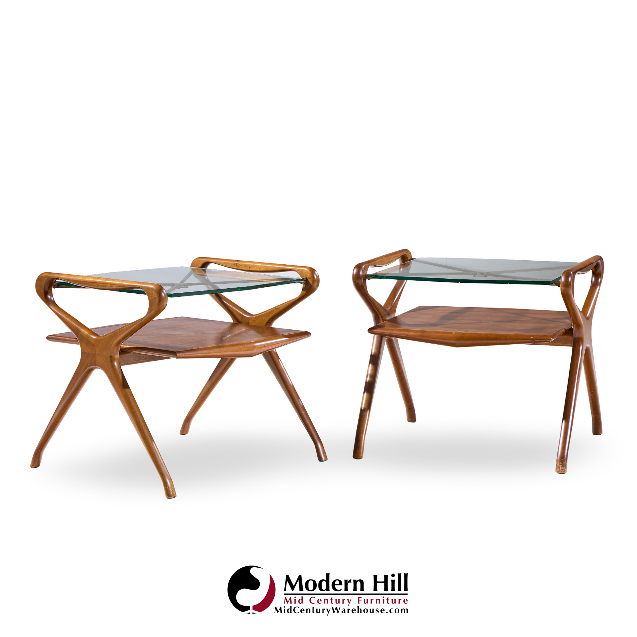 Cesare Lacca Style Mid Century Italian Walnut and Brass Side Tables - Pair