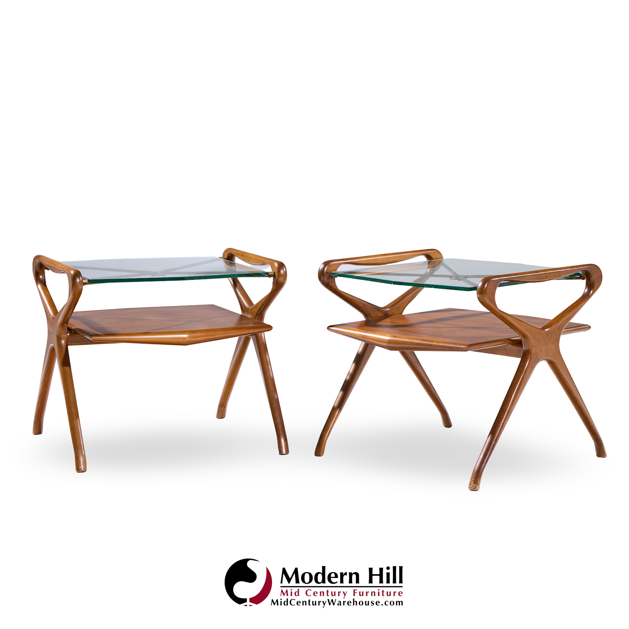 Cesare Lacca Style Mid Century Italian Walnut and Brass Side Tables - Pair