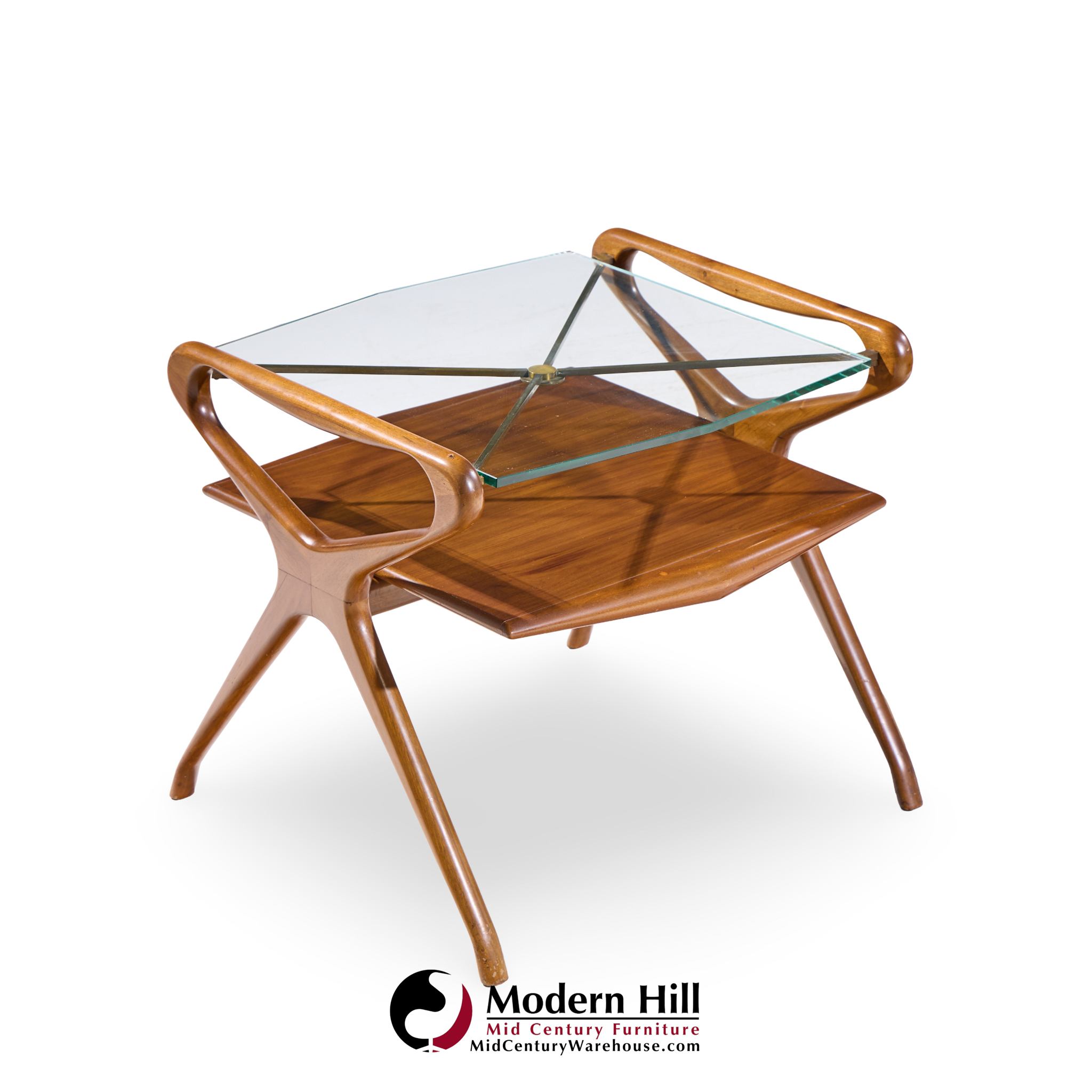 Cesare Lacca Style Mid Century Italian Walnut and Brass Side Tables - Pair