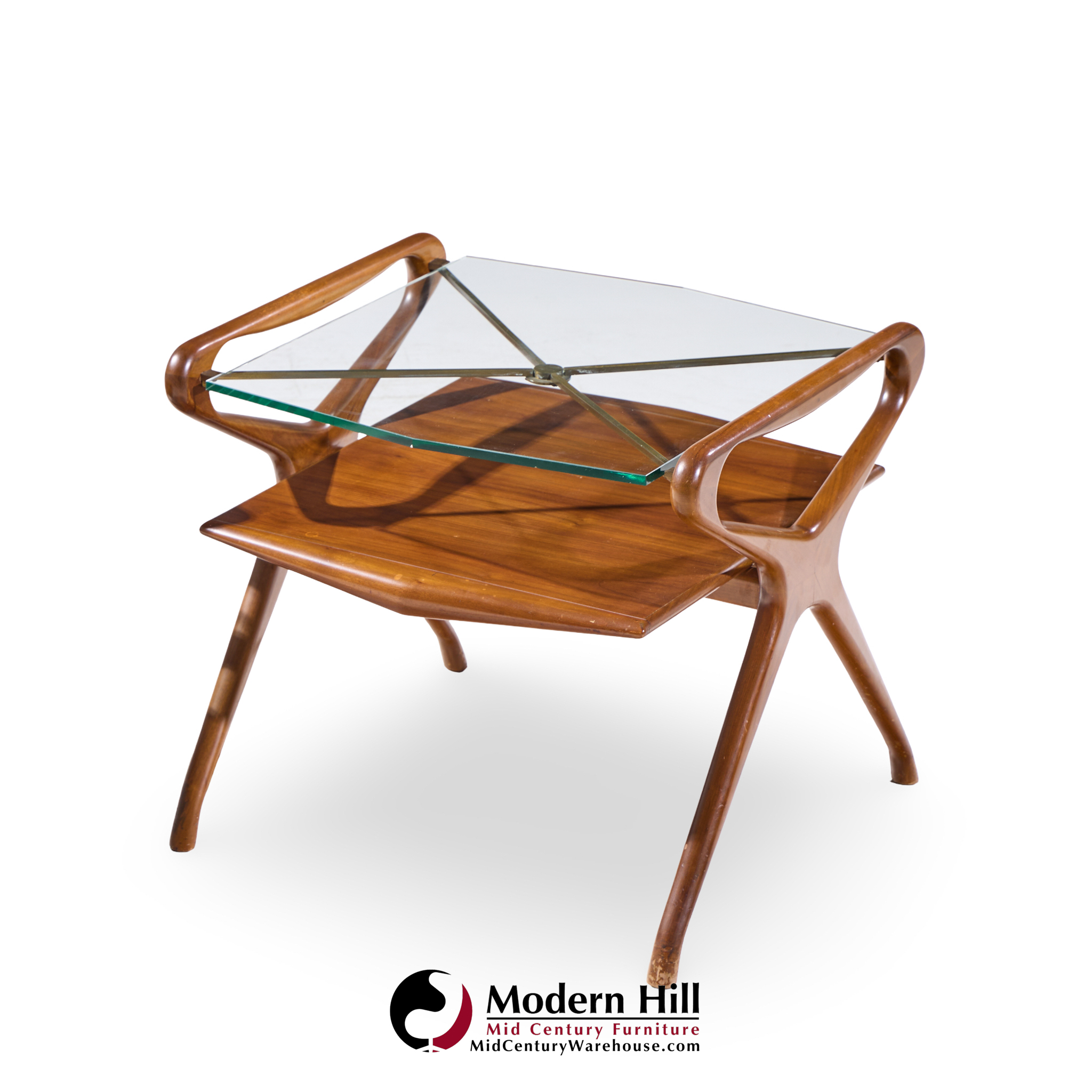 Cesare Lacca Style Mid Century Italian Walnut and Brass Side Tables - Pair