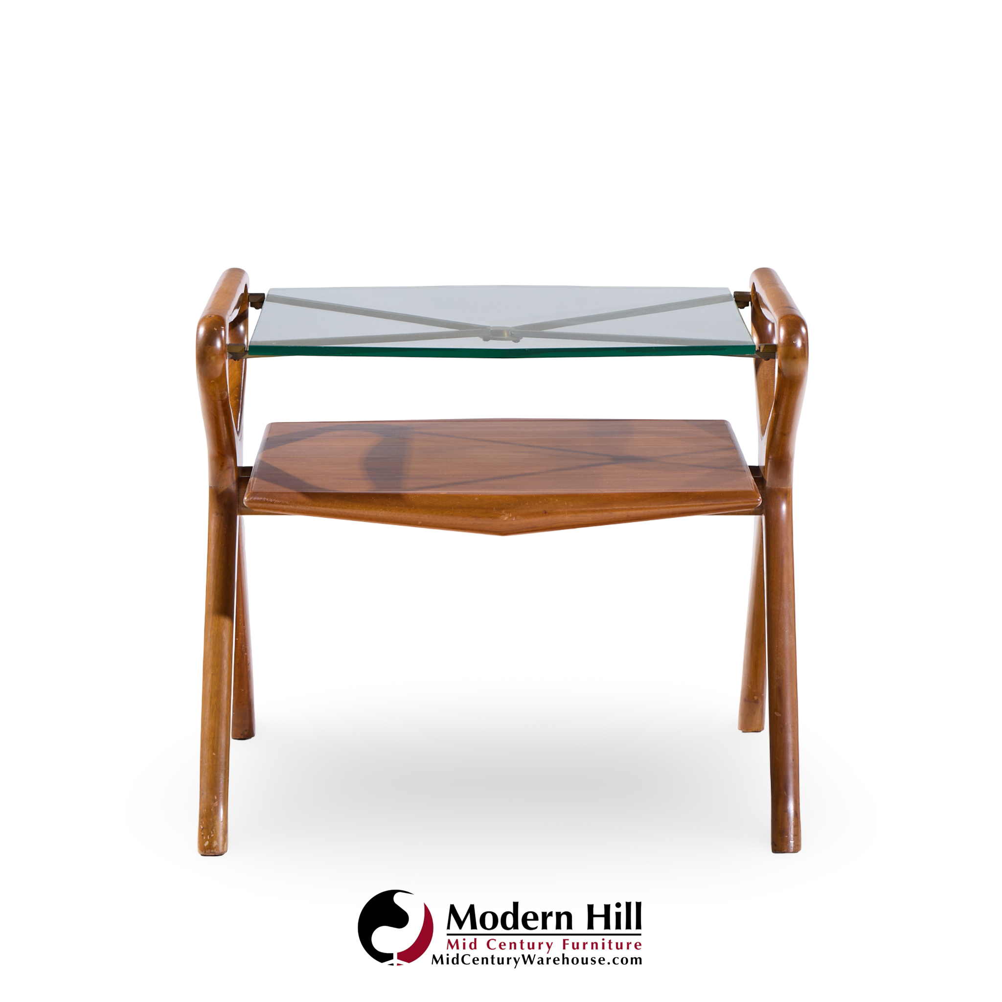 Cesare Lacca Style Mid Century Italian Walnut and Brass Side Tables - Pair