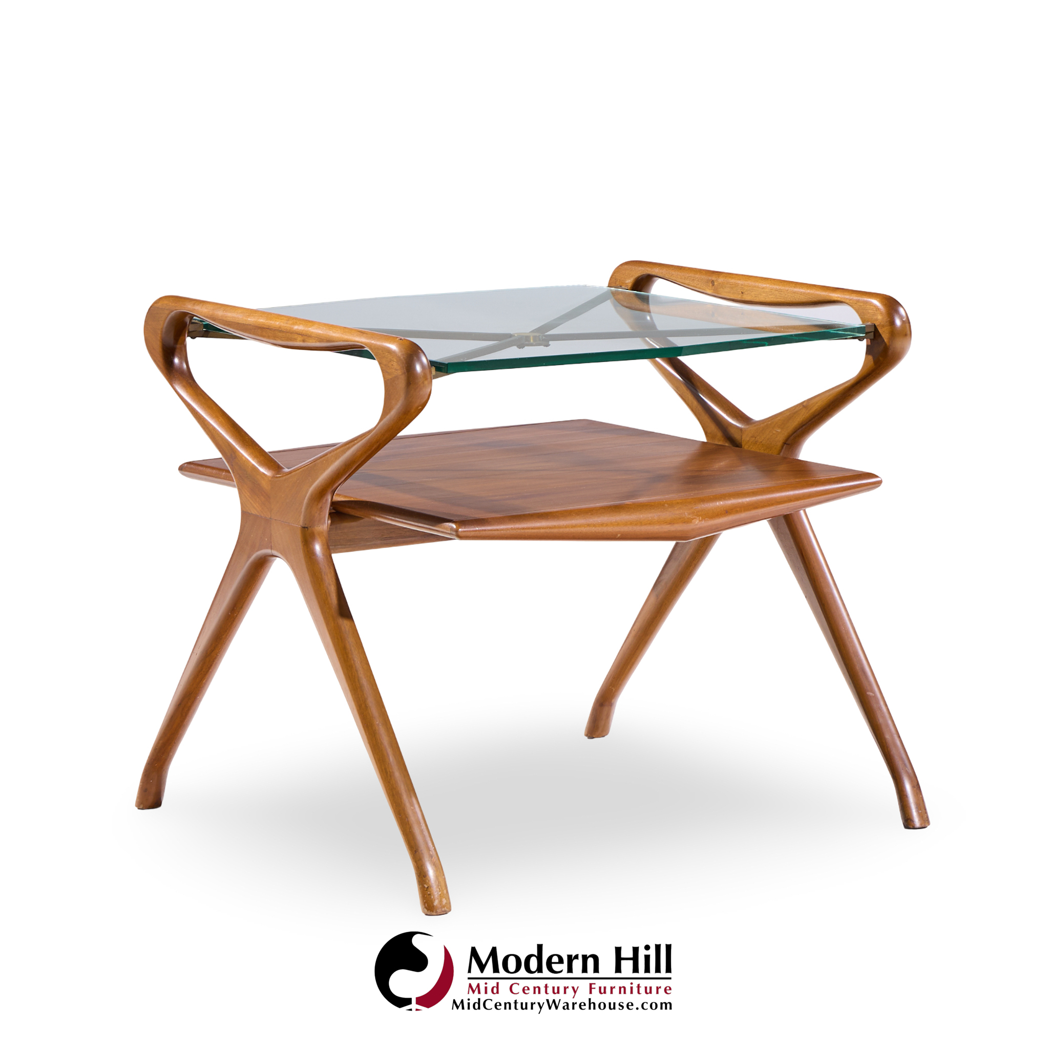 Cesare Lacca Style Mid Century Italian Walnut and Brass Side Tables - Pair