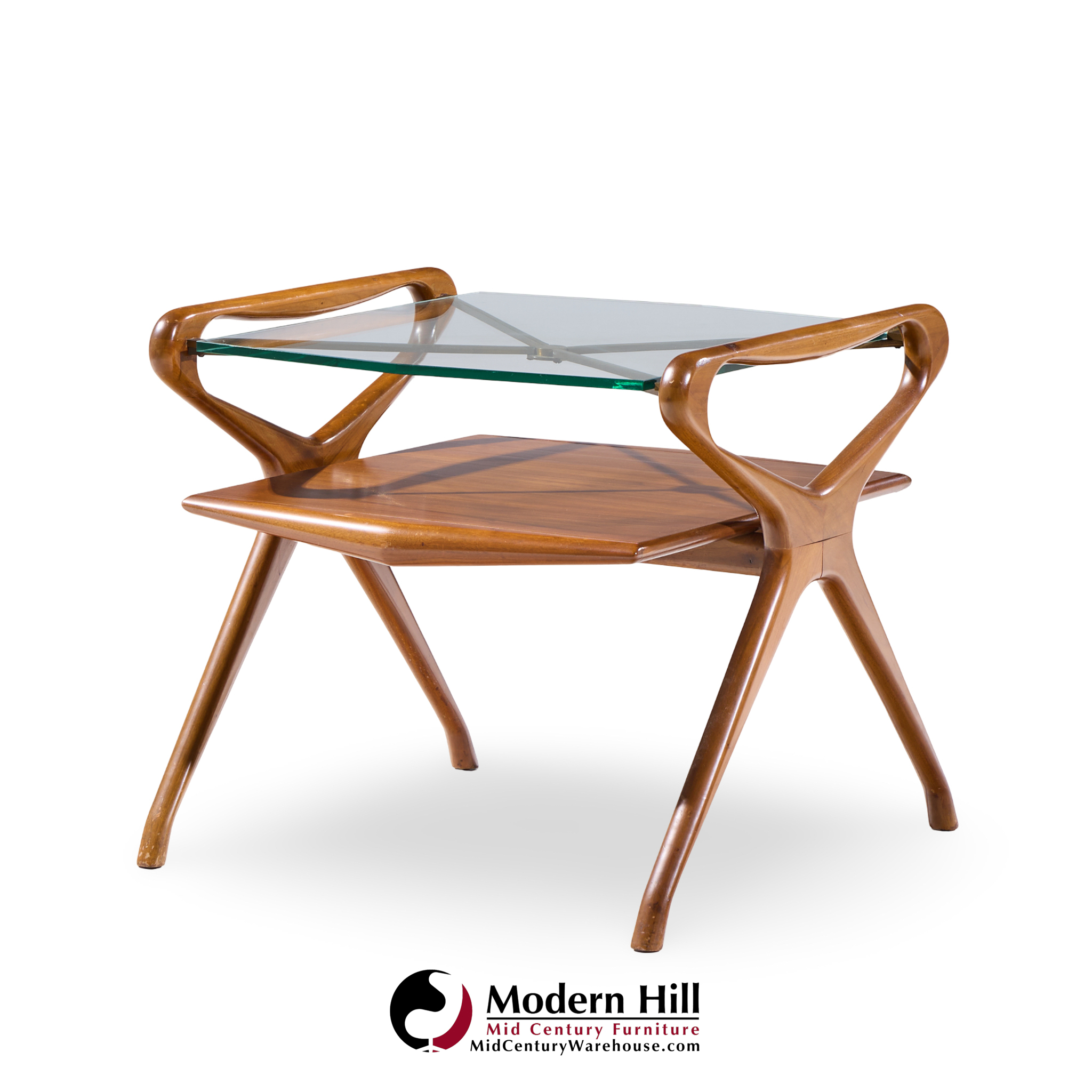 Cesare Lacca Style Mid Century Italian Walnut and Brass Side Tables - Pair