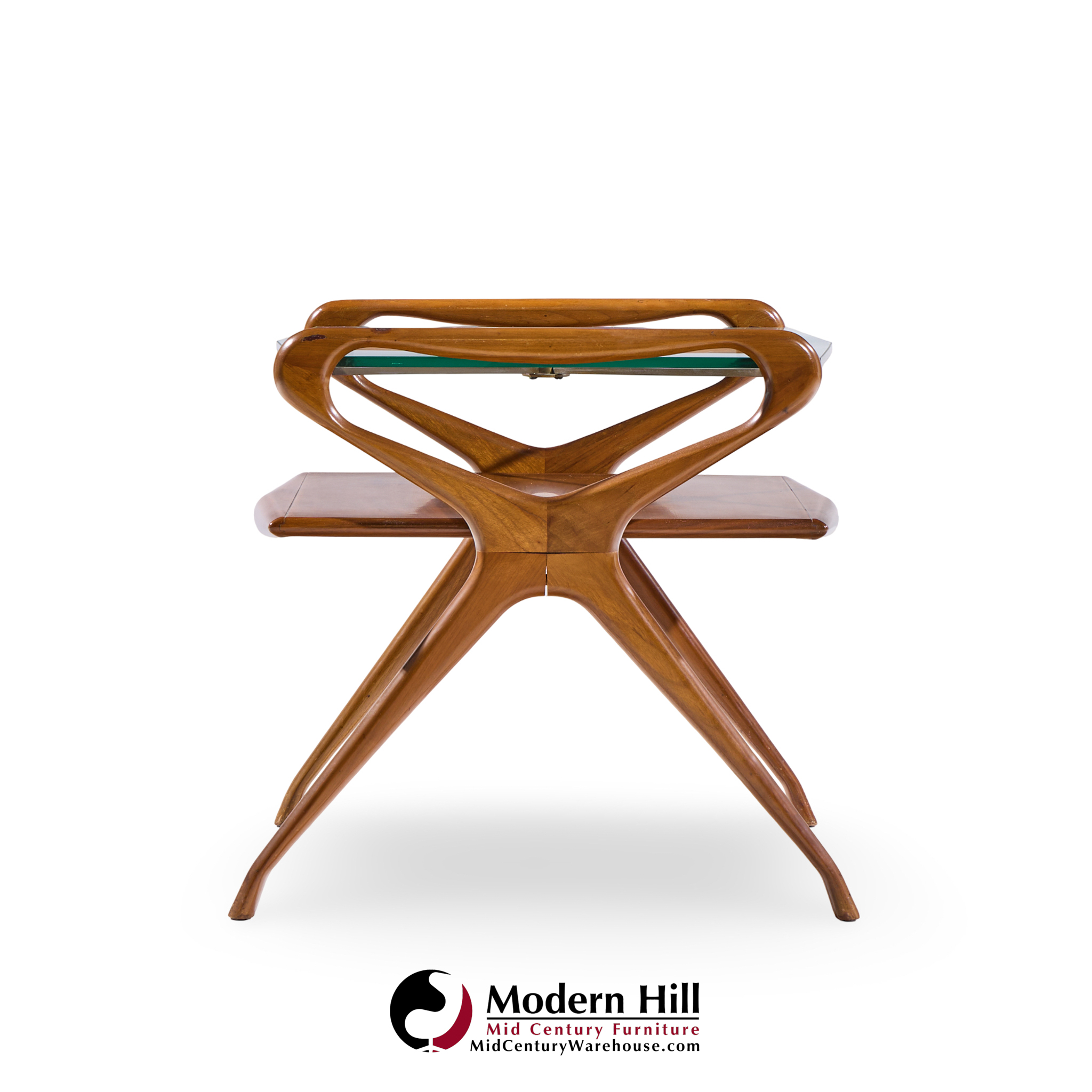 Cesare Lacca Style Mid Century Italian Walnut and Brass Side Tables - Pair