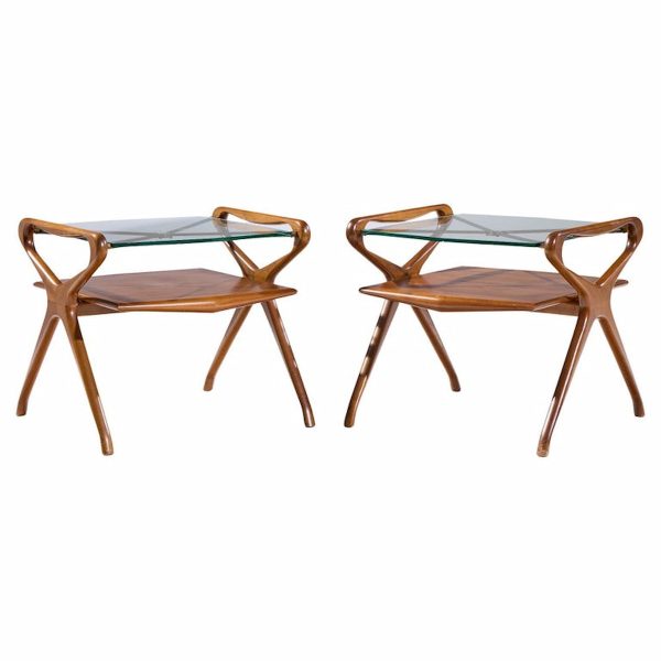 Cesare Lacca Style Mid Century Italian Walnut and Brass Side Tables - Pair