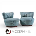 Dunbar Style Mid Century Swivel Pouf Lounge Chairs - Pair