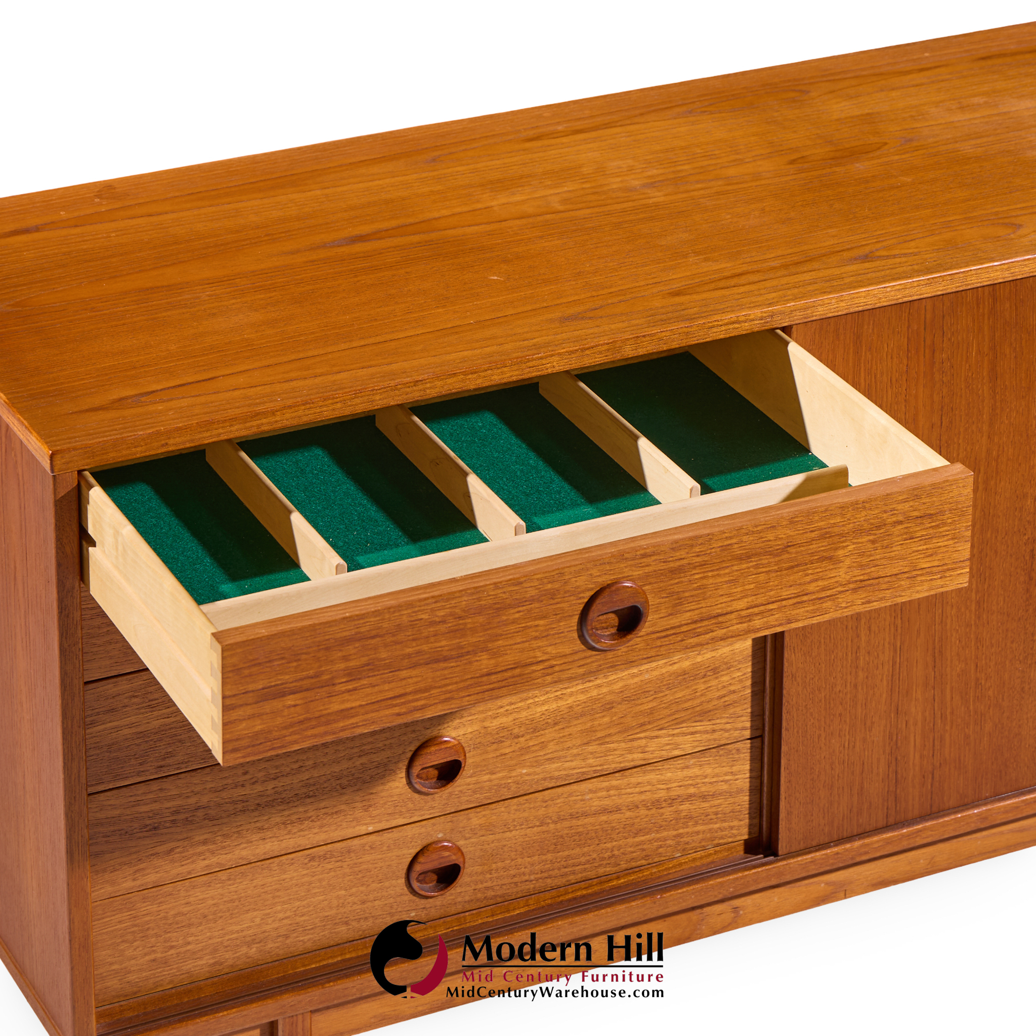 Dux Mid Century Danish Teak Petite Sliding Door Credenza