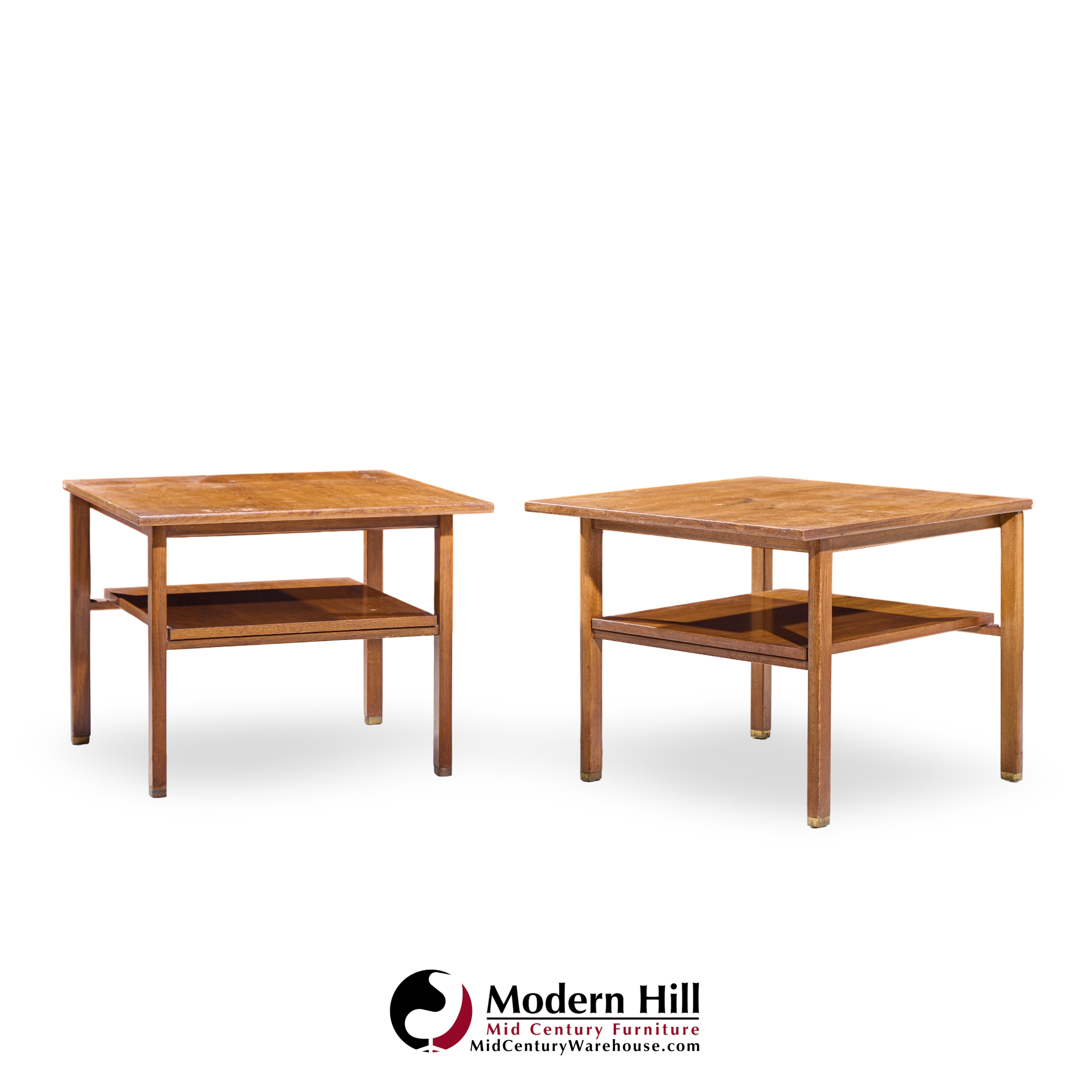 Edward Wormley for Dunbar Mid Century Walnut and Brass Side End Tables - Pair