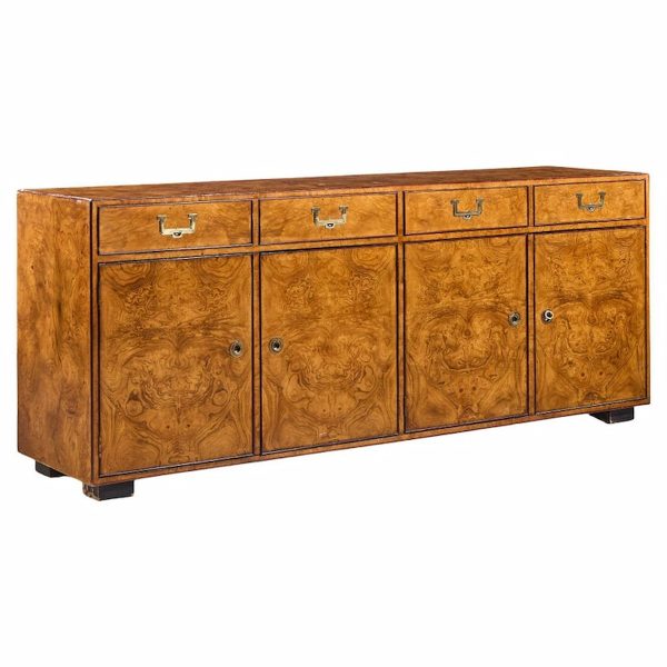 John Widdicomb Mid Century Burlwood and Brass Campaign Credenza