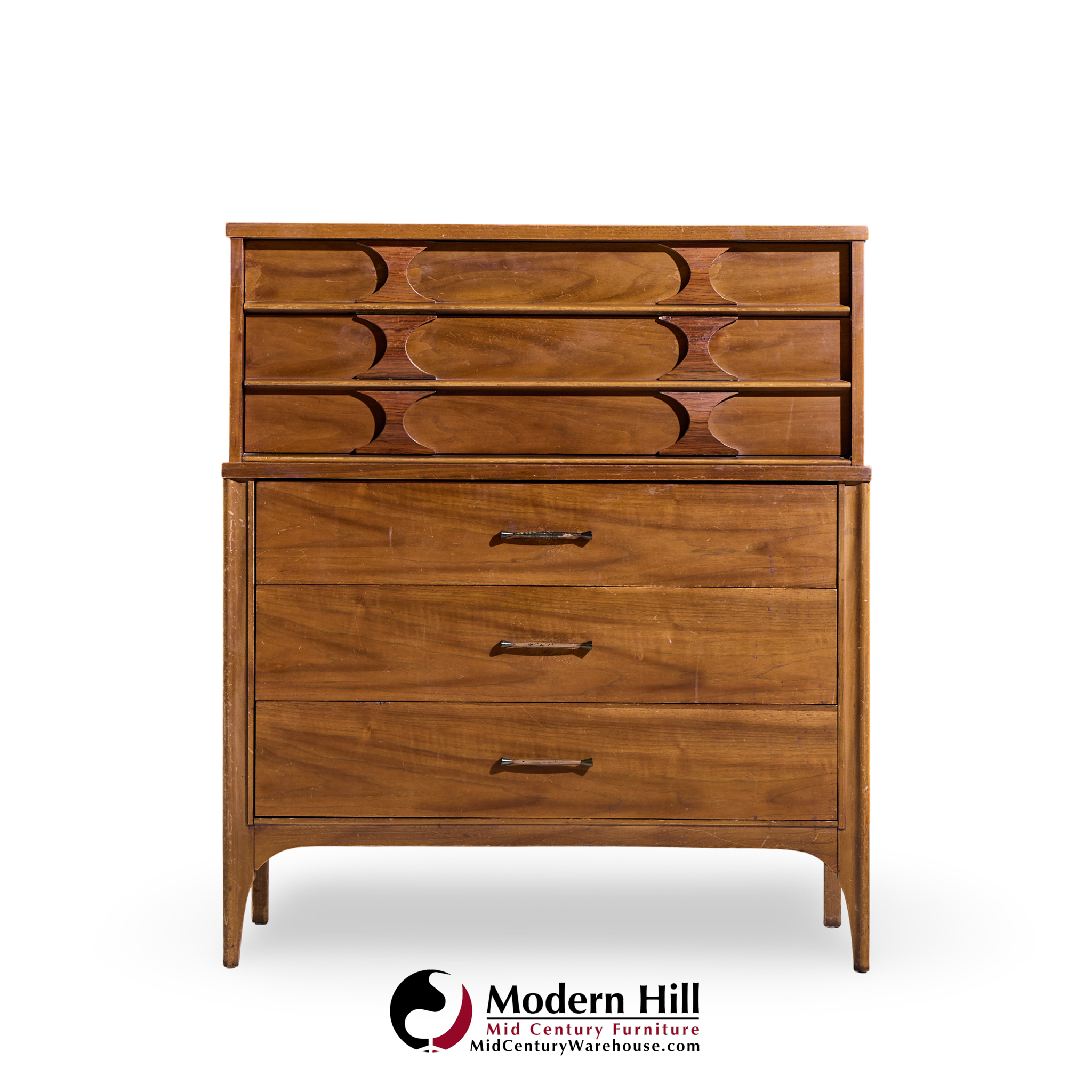 Kent Coffey Perspecta Mid Century Walnut and Rosewood 5 Drawer Highboy Dresser