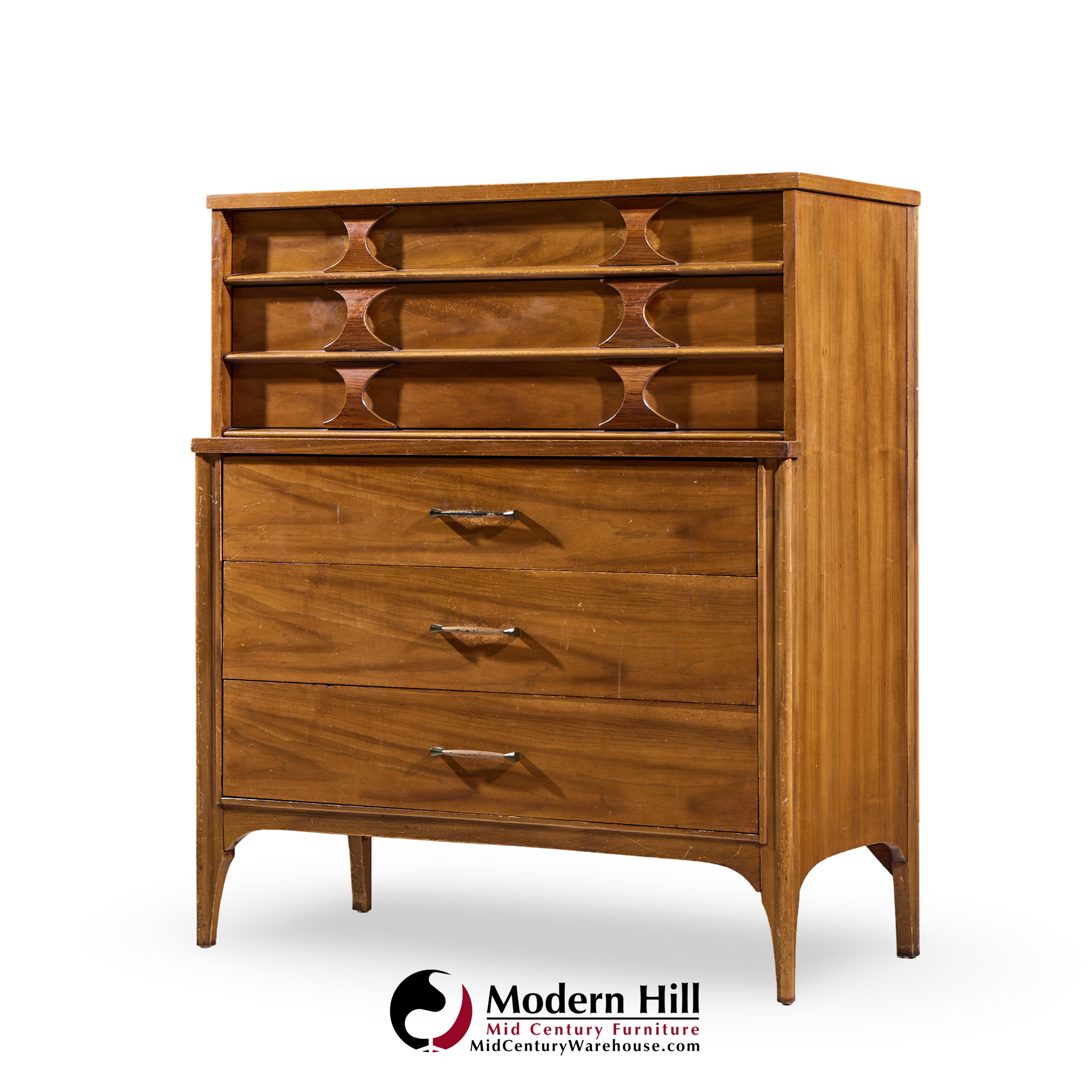 Kent Coffey Perspecta Mid Century Walnut and Rosewood 5 Drawer Highboy Dresser