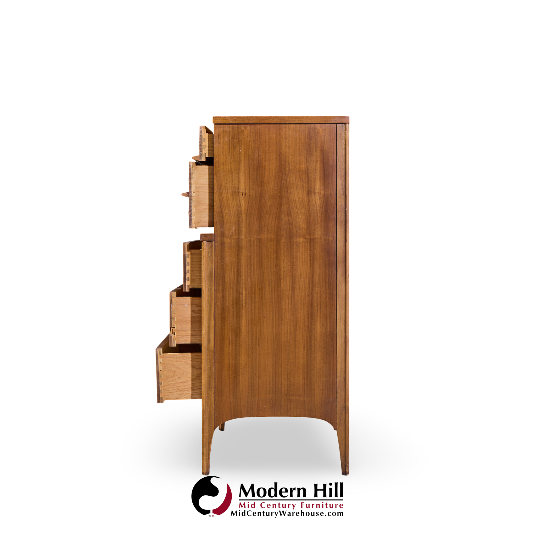 Kent Coffey Perspecta Mid Century Walnut and Rosewood 5 Drawer Highboy Dresser