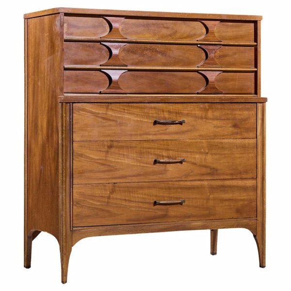 kent coffey perspecta mid century walnut and rosewood 5 drawer highboy dresser