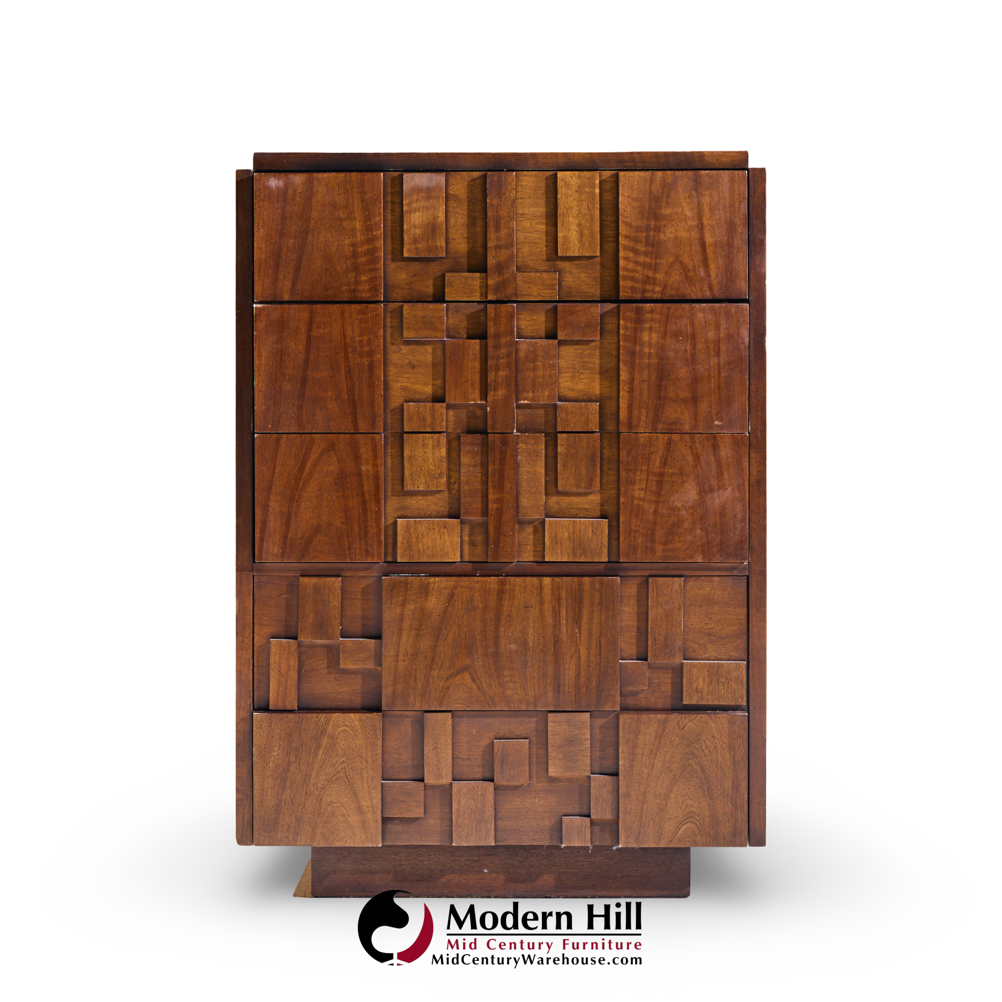 Lane Staccato Brutalist Mid Century Walnut Highboy Dresser