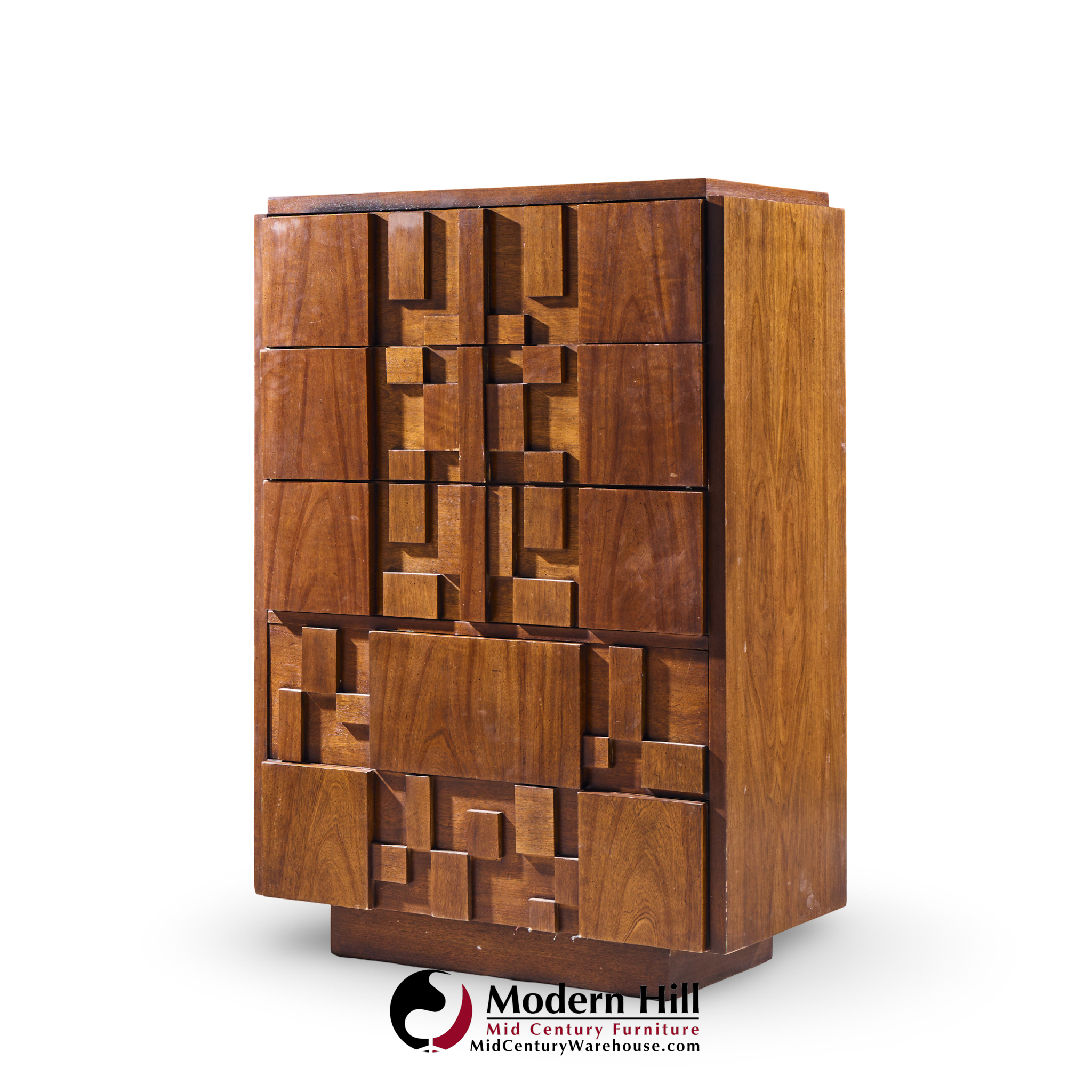 Lane Staccato Brutalist Mid Century Walnut Highboy Dresser