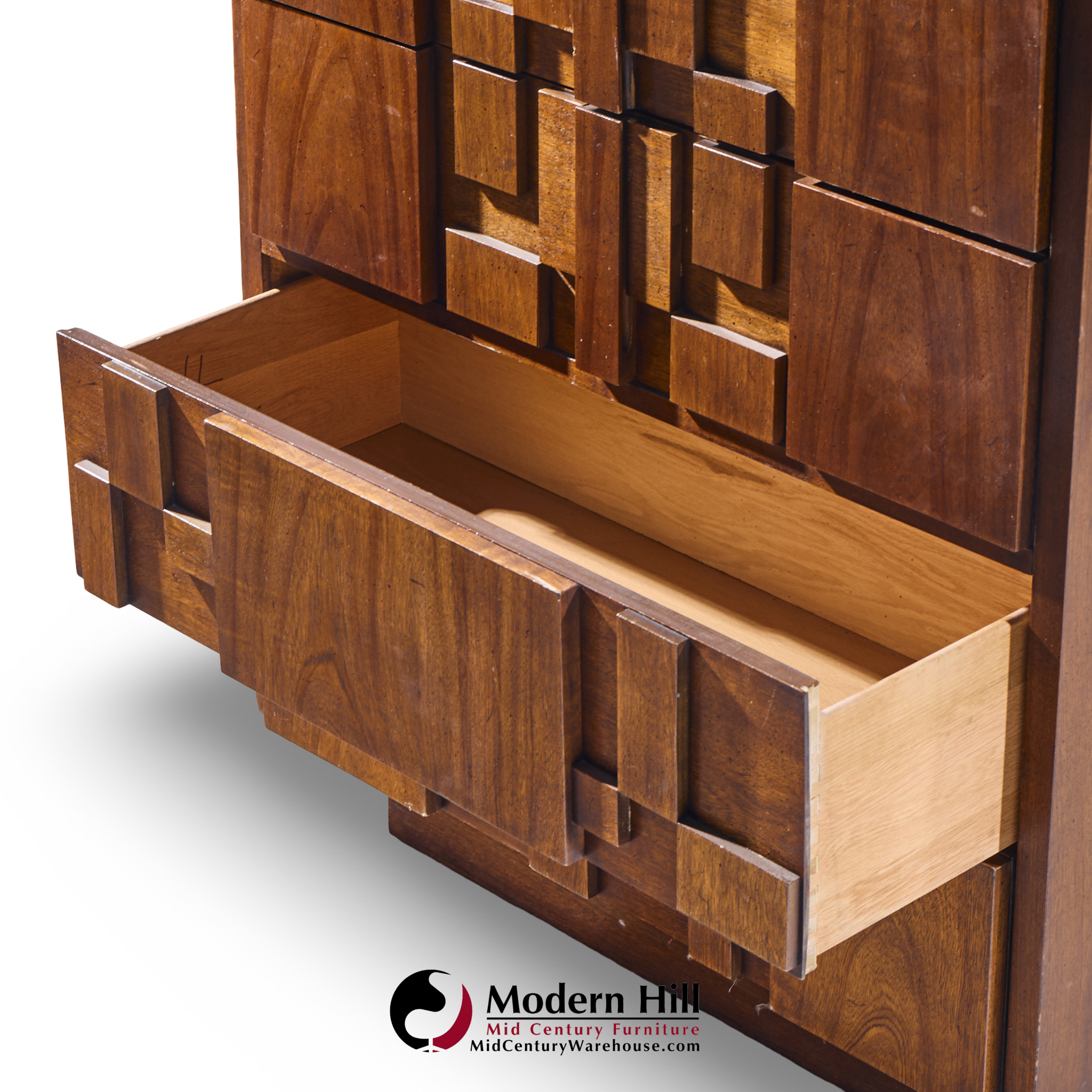 Lane Staccato Brutalist Mid Century Walnut Highboy Dresser