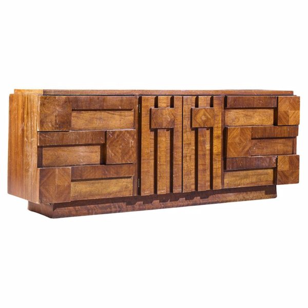 Lane Staccato Brutalist Mid Century Walnut Lowboy Dresser