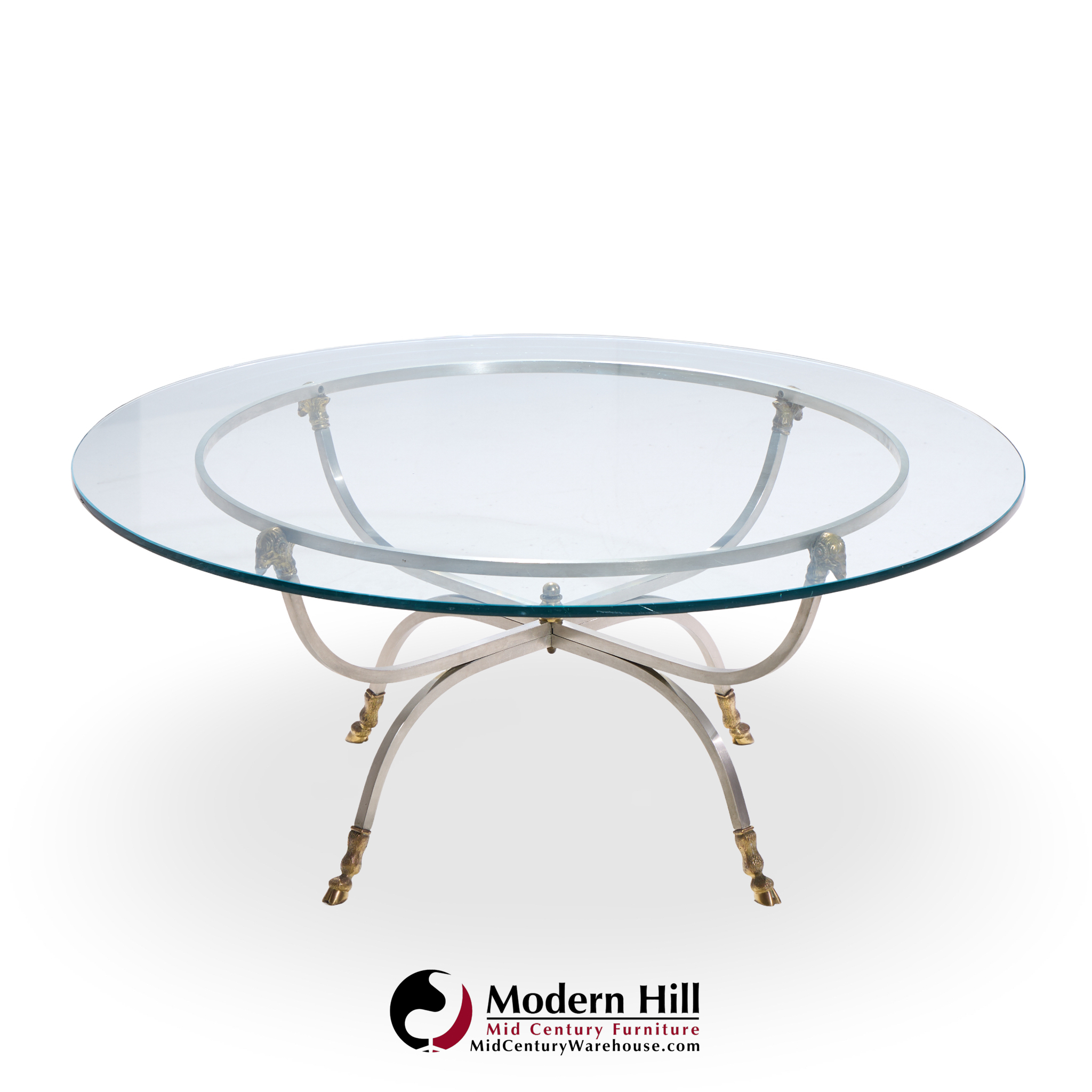 Maison Jansen Mid Century Round Rams Head Glass Top Coffee Table