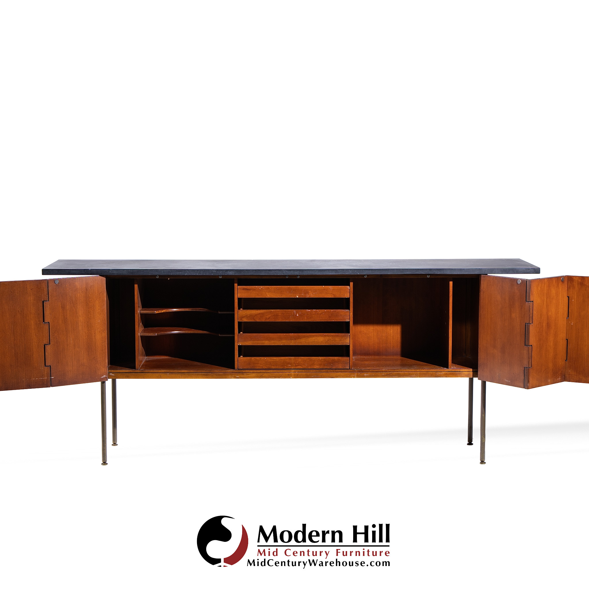 Milo Baughman for Directional Mid Century Walnut, Slate and Brass Console Credenza