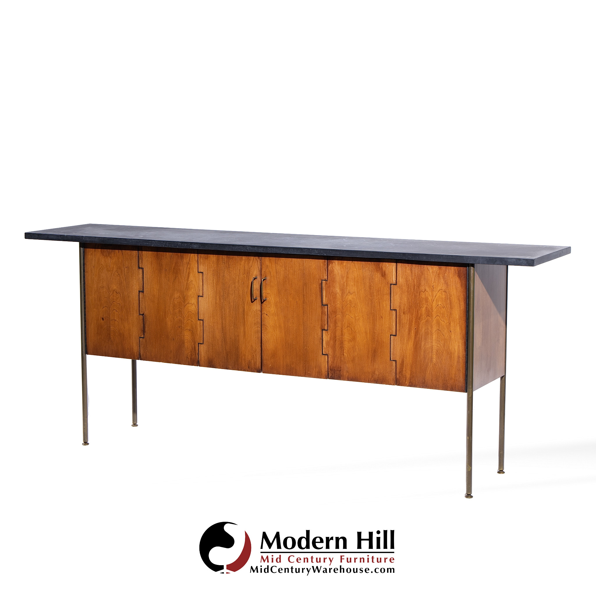 Milo Baughman for Directional Mid Century Walnut, Slate and Brass Console Credenza