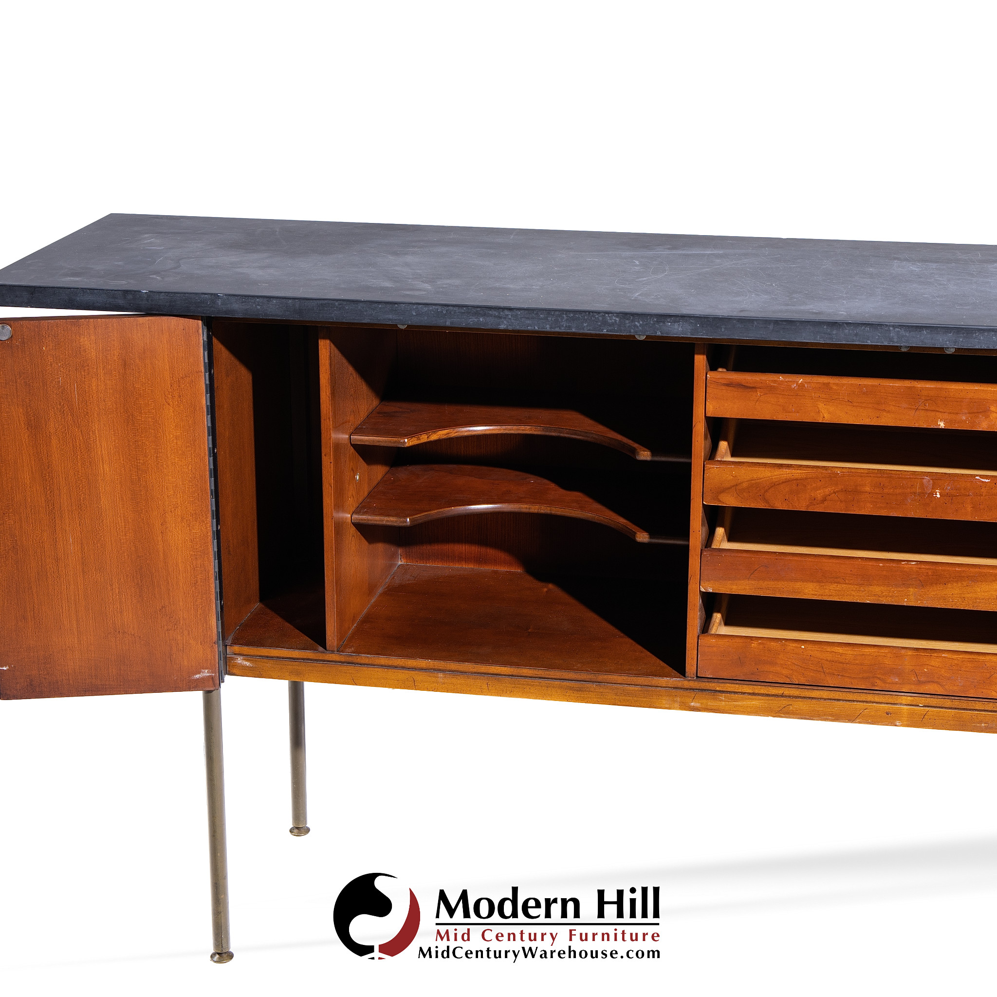 Milo Baughman for Directional Mid Century Walnut, Slate and Brass Console Credenza