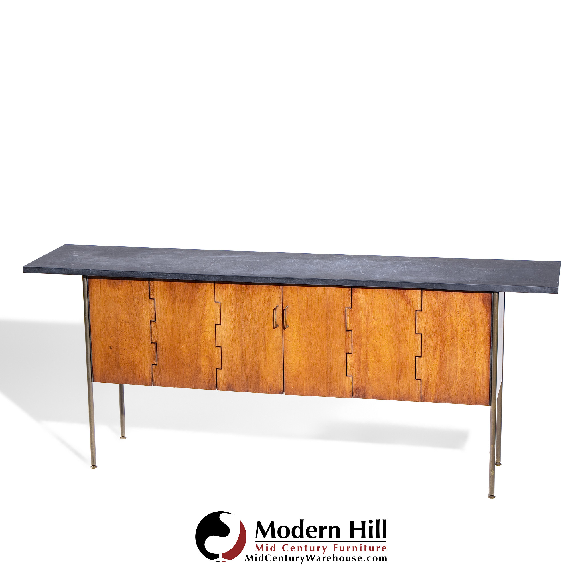 Milo Baughman for Directional Mid Century Walnut, Slate and Brass Console Credenza