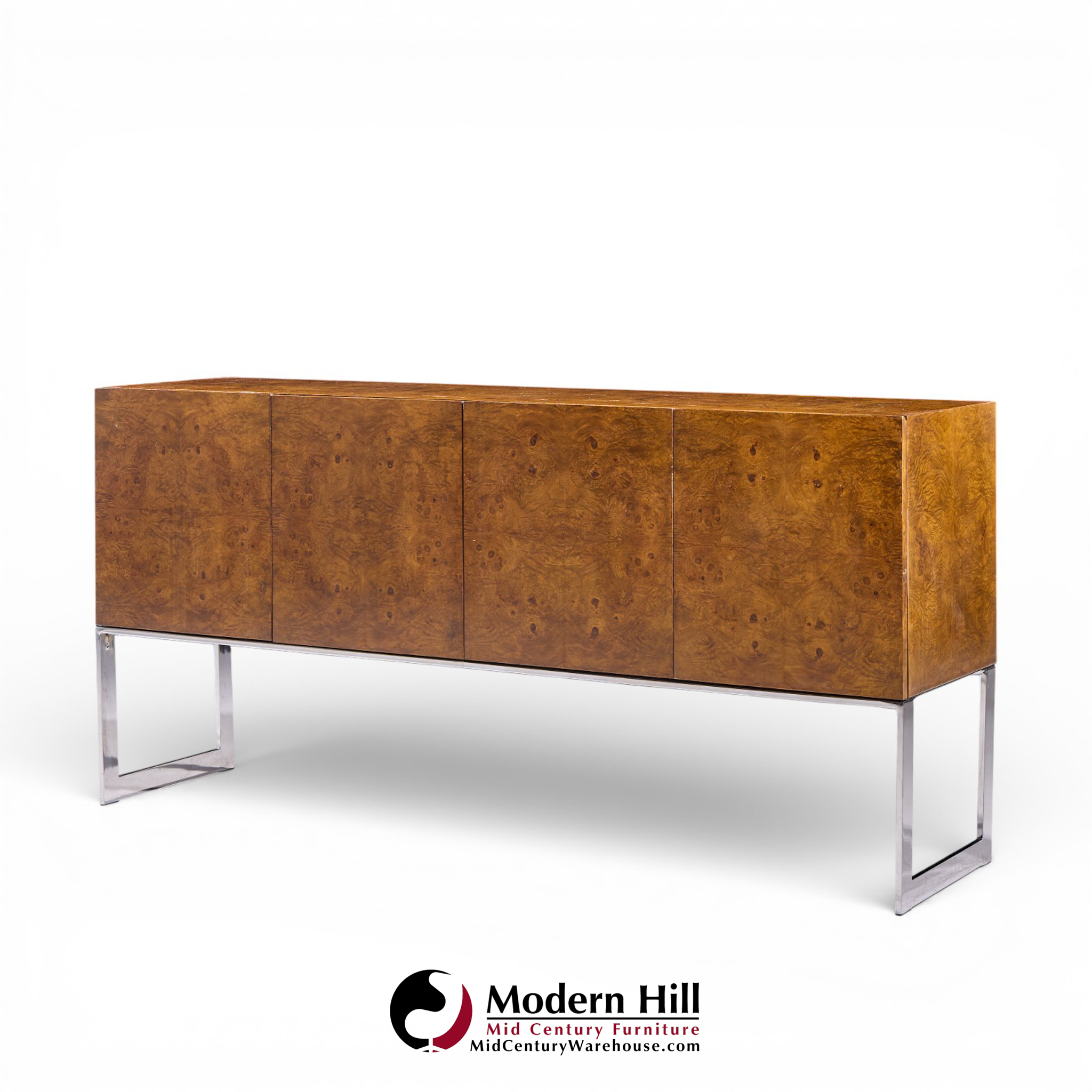 Milo Baughman for Thayer Coggin Mid Century Burlwood and Chrome Credenza