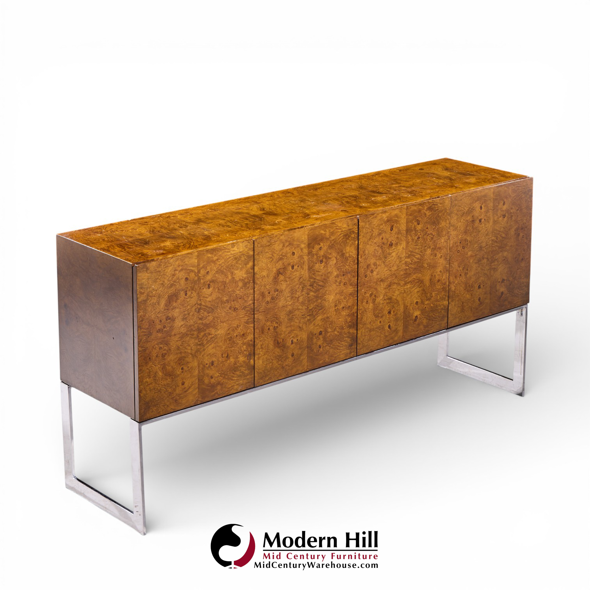 Milo Baughman for Thayer Coggin Mid Century Burlwood and Chrome Credenza