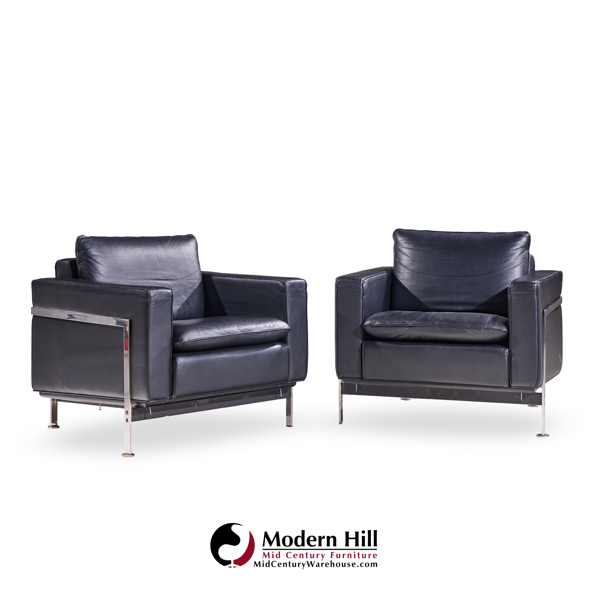 Robert Haussmann for De Sede Mid Century Black Leather Chairs - Pair