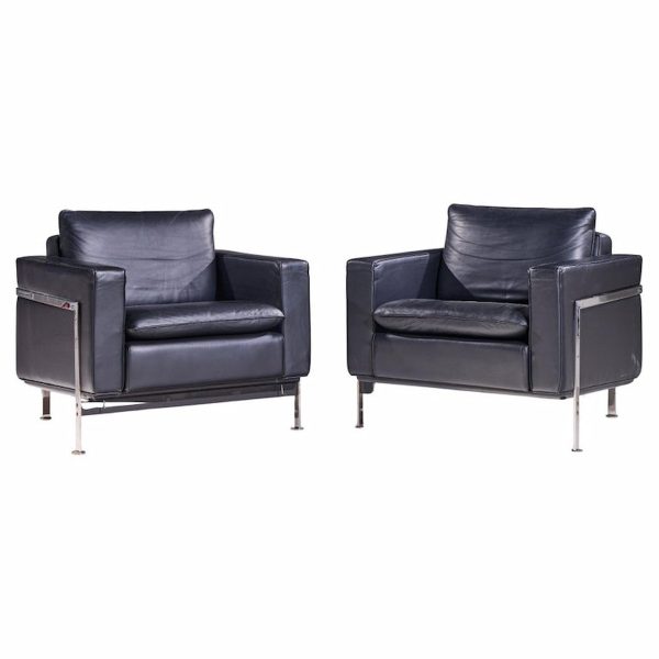 Robert Haussmann for De Sede Mid Century Black Leather Chairs - Pair