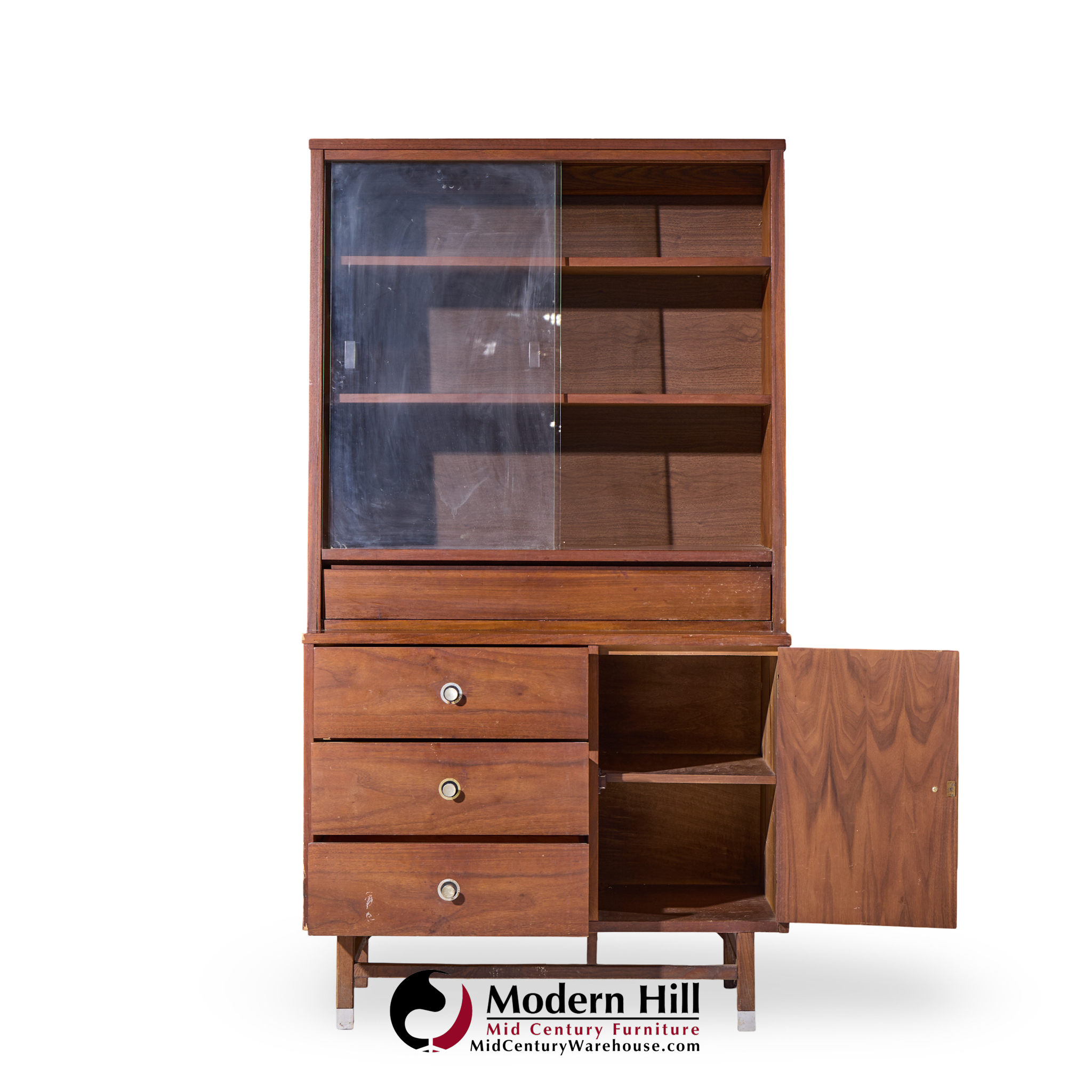 Stanley Mid Century Walnut Credenza and Hutch