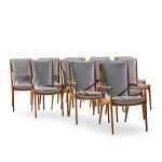 Vladimir Kagan Models Vk101 and Vk102 Mid Century Sculpted Walnut and Leather Sling Dining Chairs - Set of 12