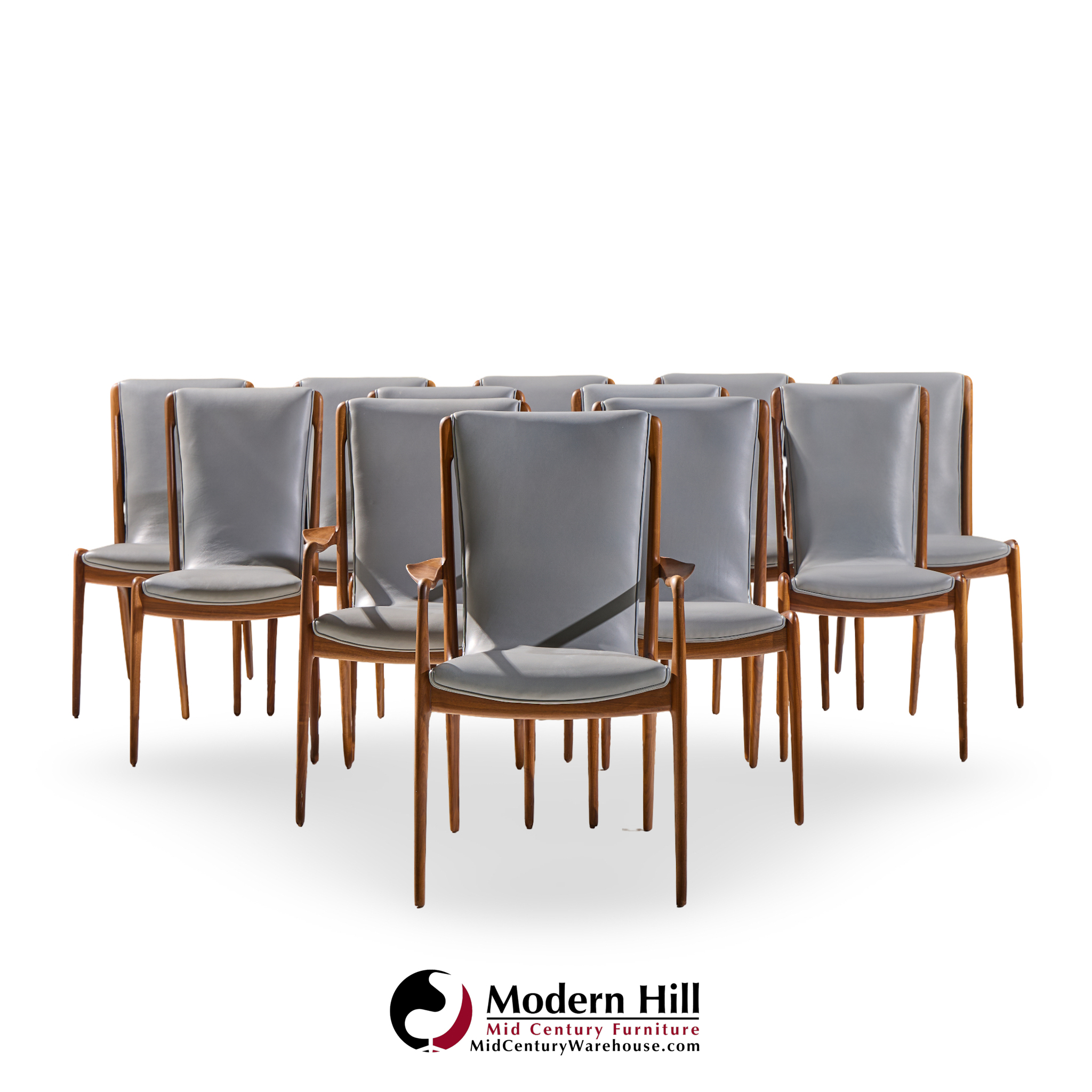 Vladimir Kagan Models Vk101 and Vk102 Mid Century Sculpted Walnut and Leather Sling Dining Chairs - Set of 12