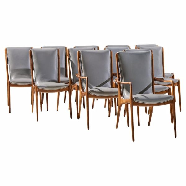 Vladimir Kagan Models Vk101 and Vk102 Mid Century Sculpted Walnut and Leather Sling Dining Chairs - Set of 12